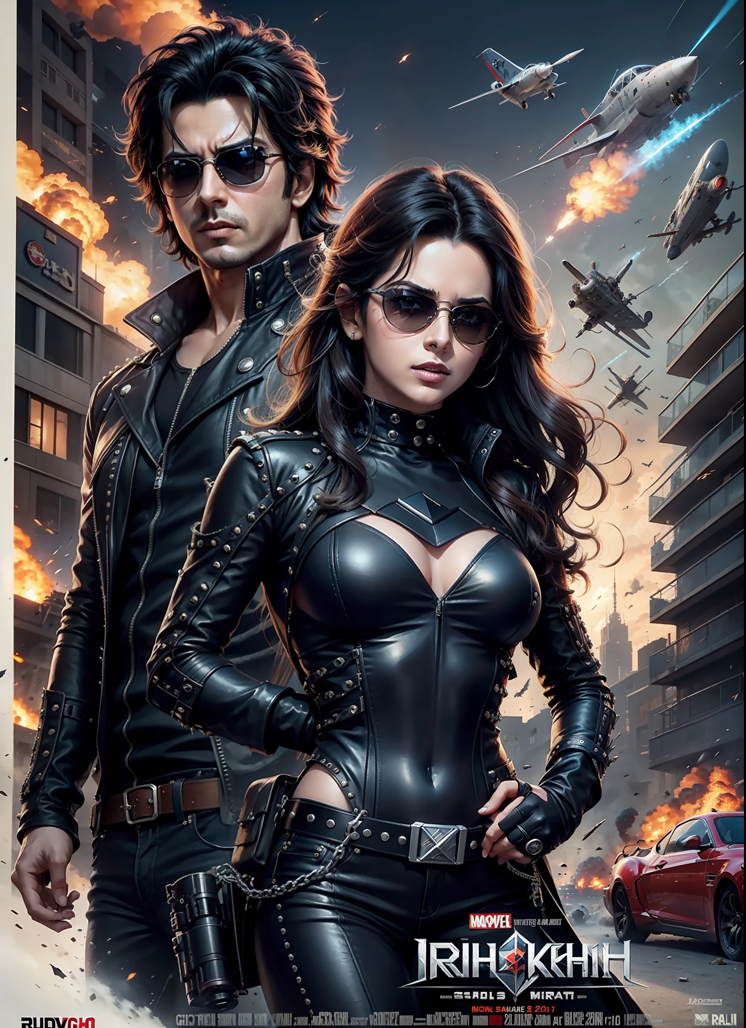 Movie poster krrish, sunglasses, rivets, one girl, explosions, gun in hand, cars, planes,