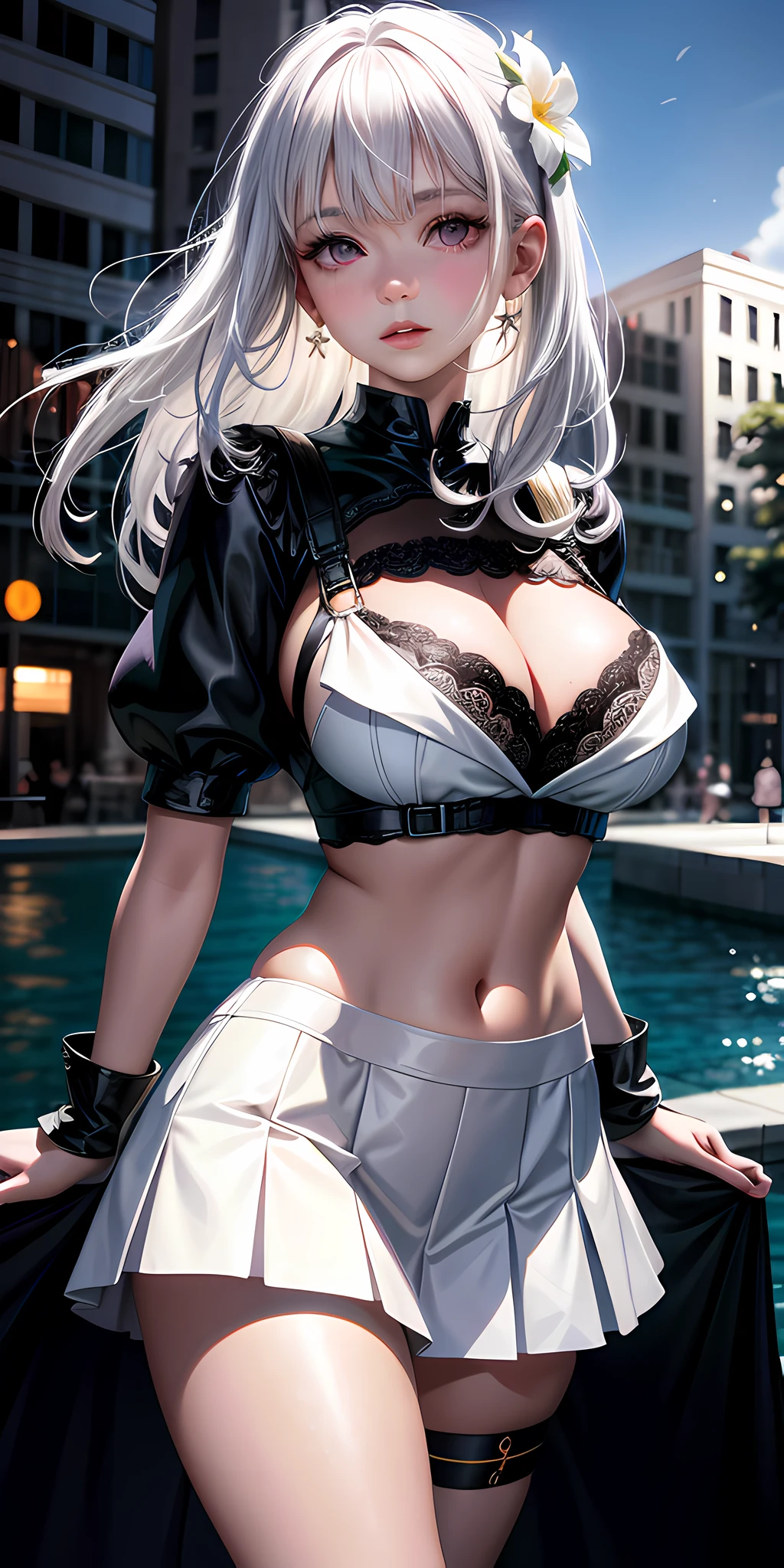 Realistic, 1girl, white hair, purple eyes, glowing eyes, cropped top, skirt, parted lips, blush, night, flowers, sun, sunlight, white skirt, short skirt, medium length hair, real, warm color, white short skirt, suspender lingerie, background color light color, day environment, bright color background, saudi, ocean, cute, huge breasts