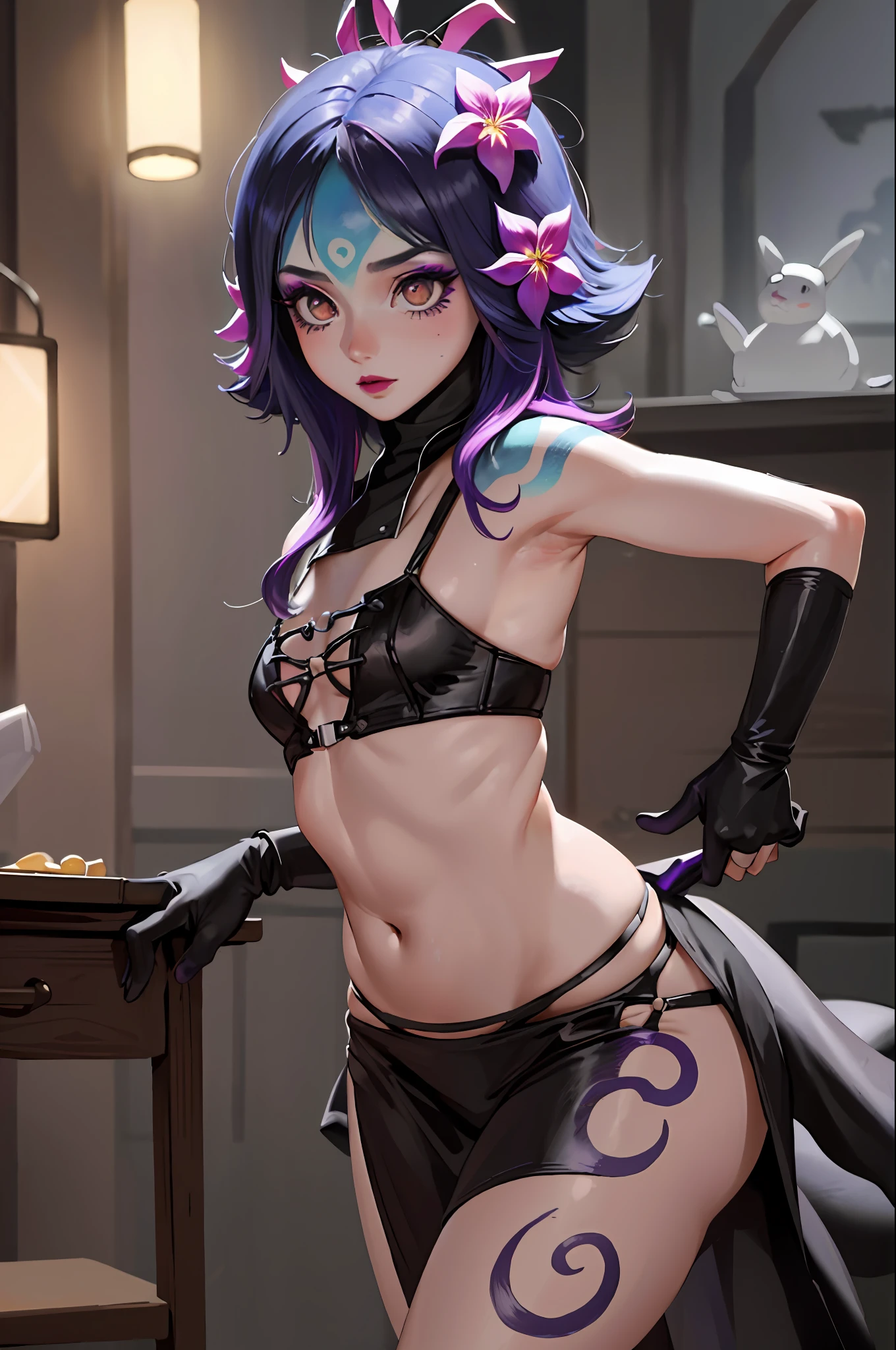 ((Cinematic light, Best quality, 8k, Masterpiece :1.3)), 1girl, Beautiful woman with thin abs :1.4, (purple hair, small breasts :1.3), rope panties, bra :1.2, hopefully falling, seductive open lips, sofa, ultra-detailed face, detailed eyes, double eyelidwork, best quality, Neeko, hair ornaments, hair flower, body painting, calango tail, trying to be sexy,(( nun habit)), ((goth)),mini nun habit, showing sweaty armpits, steamy, sexual teasing, ((showing flat belly)), fight position, hands shining purple, (((black makeup))),