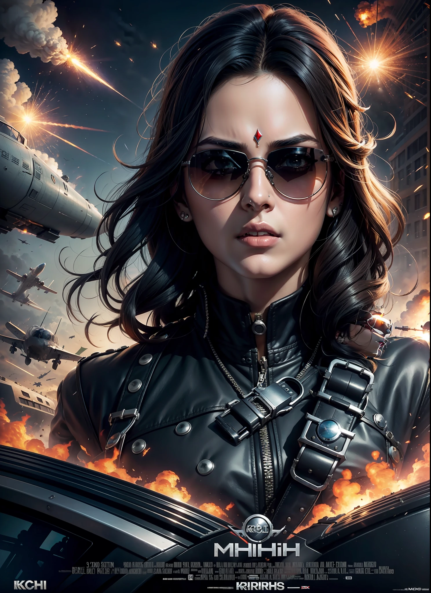 Movie poster krrish, sunglasses, rivets, one girl, explosions, gun in hand, cars, planes,