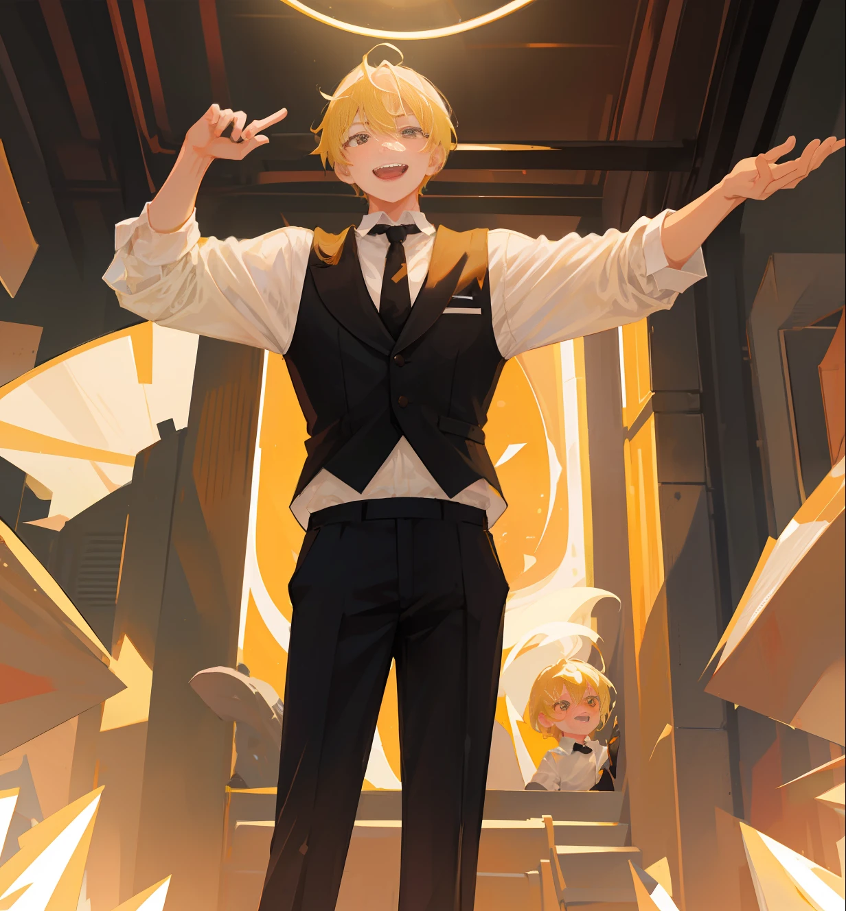 Masterpiece, best quality: 1.2), solo, male focus, 1 boy, denji, sharp teeth, grinning, looking at the audience, sticking out tongue, blonde hair, brown eyes, white collar shirt, black tie, black pants lying on your stomach 8k