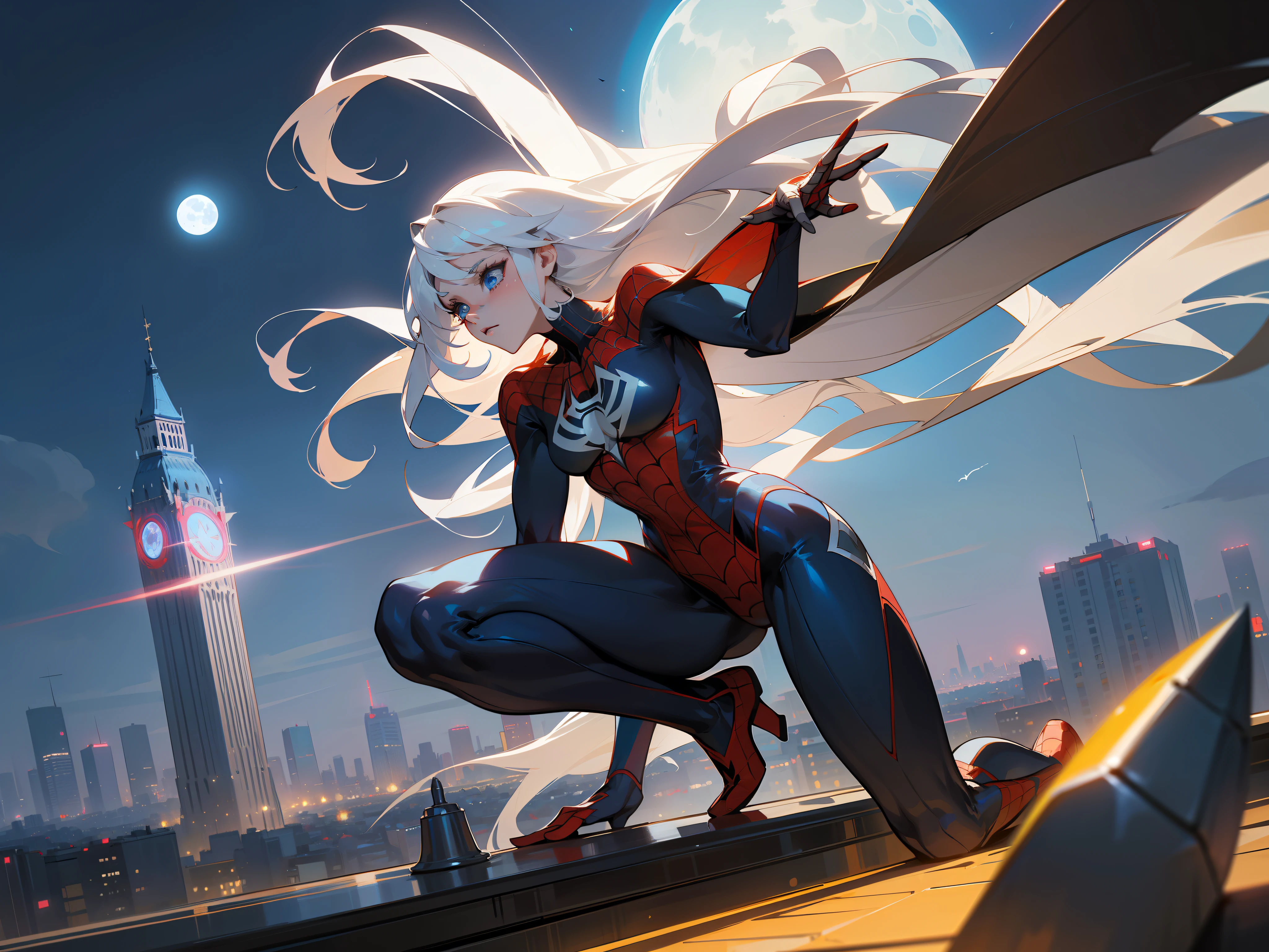 (Masterpiece, 4k resolution, ultra-realistic, very detailed), (White superhero theme, charismatic, there's a girl on top of town, wearing Spider-Man costume, she's a superhero), [ ((25 years), (long white hair:1.2), full body, (blue eyes:1.2), ((Spider-Man pose),show of strength, jumping from one building to another), ((sandy urban environment):0.8)| (cityscape, at night, dynamic lights), (full moon))] # Explanation: The Prompt mainly describes a 4K painting of ultra-high definition, very realistic, very detailed. It shows a superheroine at the top of the city, wearing a Spider-Man costume. The theme in the painting is a white superhero theme, the female protagonist has long white hair, is 25 years old and her entire body is shown in the painting. In terms of portraying the actions of superheroines, spiders are employed