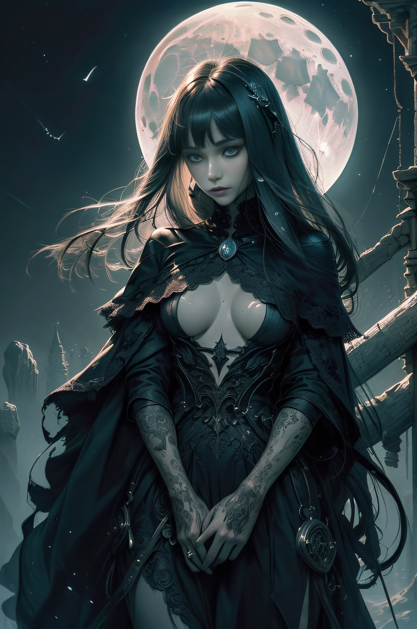 [Detailed illustrations, art based on extremely ideal anatomy, very detailed and detailed drawings, slow and delicate lines, realistic texture expression],((Color tressed main lines)),(Artwork with outstanding craftsmanship),(Midnight ruins (Background of a stone castle leaking in moonlight)) Full Moon,Vampire Girl Japanese Beauty ((Beautiful but sick face, sunken eyes)) Skinny 13 years old (delicate and bony figure) Bare feet (((straight cropped bangs)) Fine beautiful straight long hair (black cat),(Beautiful skin shining on the moon (pale skin)),Cloak of darkness (ribbon lace embroidery),(ephemeral melancholy)) (Moonlight))) Gravure (Sedentary) ((Tindall effect)),((Dark fantasy)),((Fine and beautiful skin expression ( Transparency))),((Clear line of sight)),((Perfect eye details (Beautifully drawn iris))),(Perfect and beautiful face (Realistic face details)),((Beautiful hair details)),(Perfectly proportioned proportions)),(High-level built design,((Advanced structural understanding)),Ideal color coordination),((Complex decoration (Ultra-dense details))),(Detail, High Definition),[Ultra-Precision Detail,High Quality,High Resolution,((Multilayer Texture))],((Accurate simulation of light-material interaction, understanding of air flow, mechanically correct representation)),(((Visual art with a sense of narrative)).