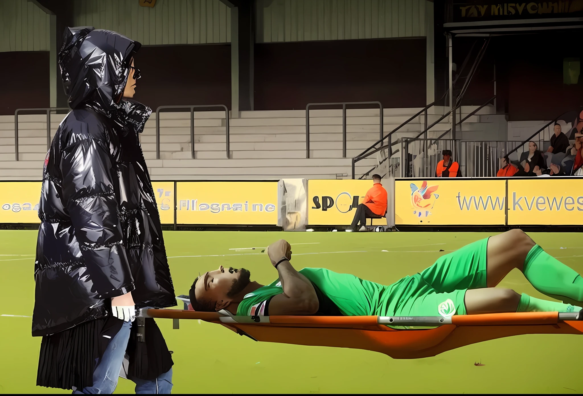 there is a man laying on a stretcher on a soccer field, very sad, desperate pose, sad scene, by Paul Bird, famous scene, photo photo, aesthetic shot, injured, dramatic mood, full mood, dramatic scene, photo shot, warm sunshine, a sad, lecherous pose, relaxing after a hard day, dramatic shot, digital photo