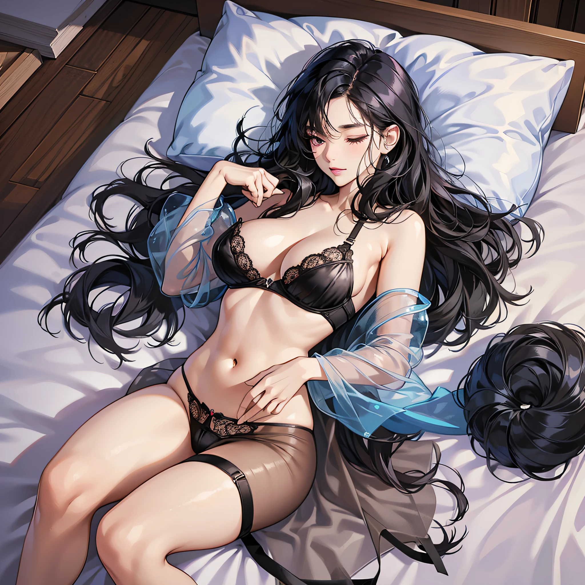 (Top Quality, 8k), One Young Black-haired Beauty, Micro Underwear, Ultra-Fine Description, Nipple Tips Protruding, Pubic Shape Clearly Visible, Legs Wide Open, ((Layer Cut, Colossal)), Sleeping on the bed, See-through, Thin white bra