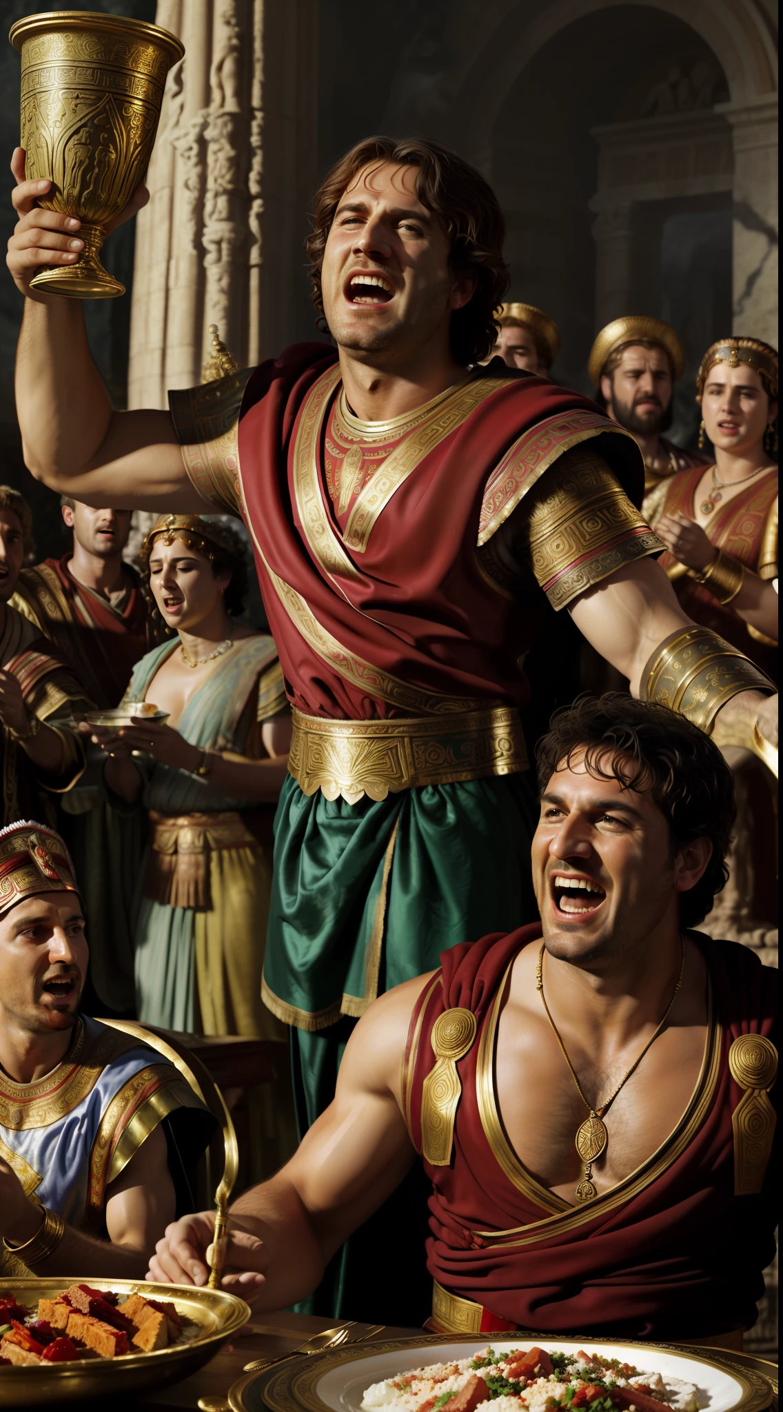 (masterpiece, best quality, CGI, official art:1.2), Alexander the Great, intoxicated, (in decadent Roman garb:1.2), staggering, wine cup spilling, behind him, a lively feast, (suddenly morphing into a calamity:1.4), revelers transforming into weepers, joyful music fading into lamentations, Greg Rutkowski style.