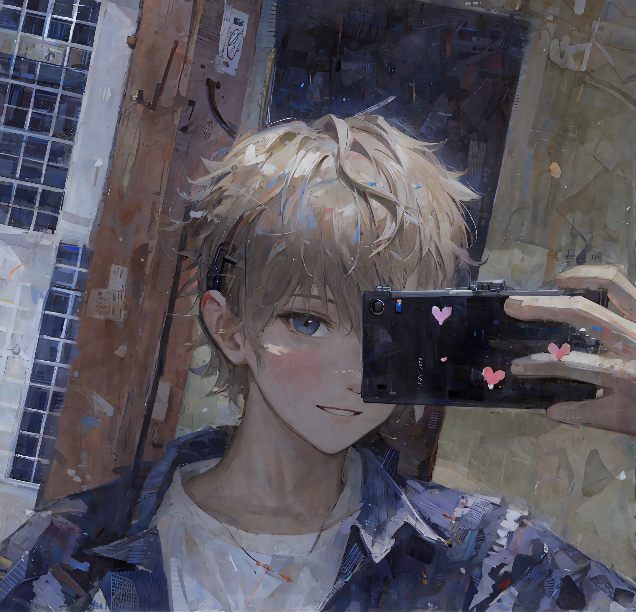 Men, headphones on the shoulder, head back, glasses, smile, oil painting, youth
