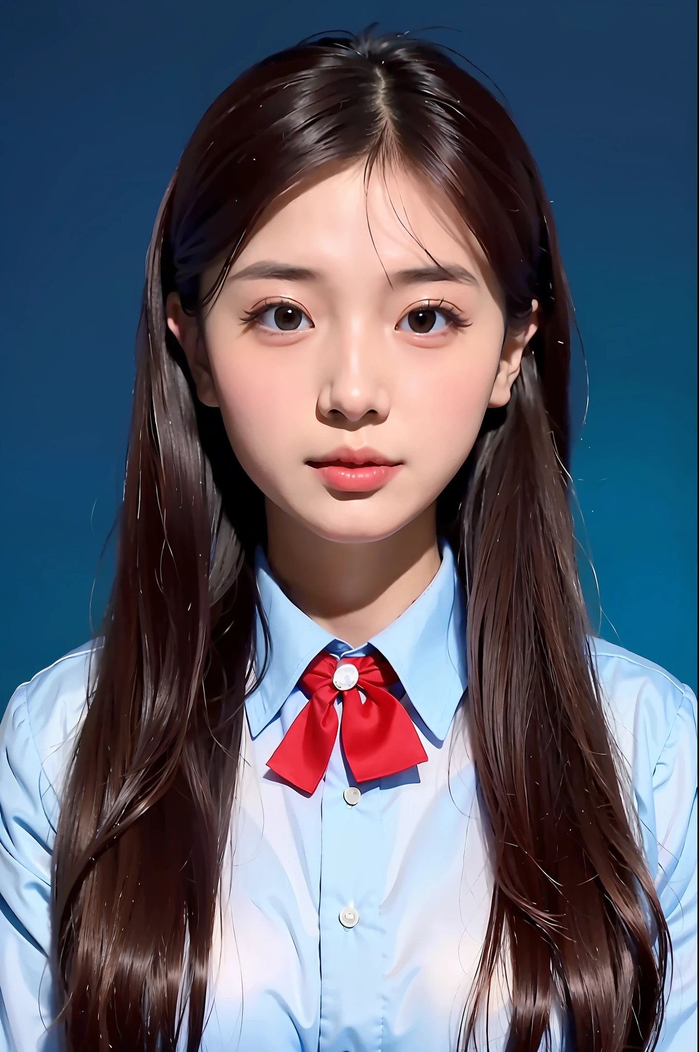 a close up of a woman with long hair wearing a blue shirt and a red bow tie, jaeyeon nam, yanjun chengt, headshot profile picture, xintong chen, li zixin, gongbi, portrait of female korean idol, xision wu, wenfei ye, chengyou liu, lee ji-eun, lee ji - eun, yun ling
