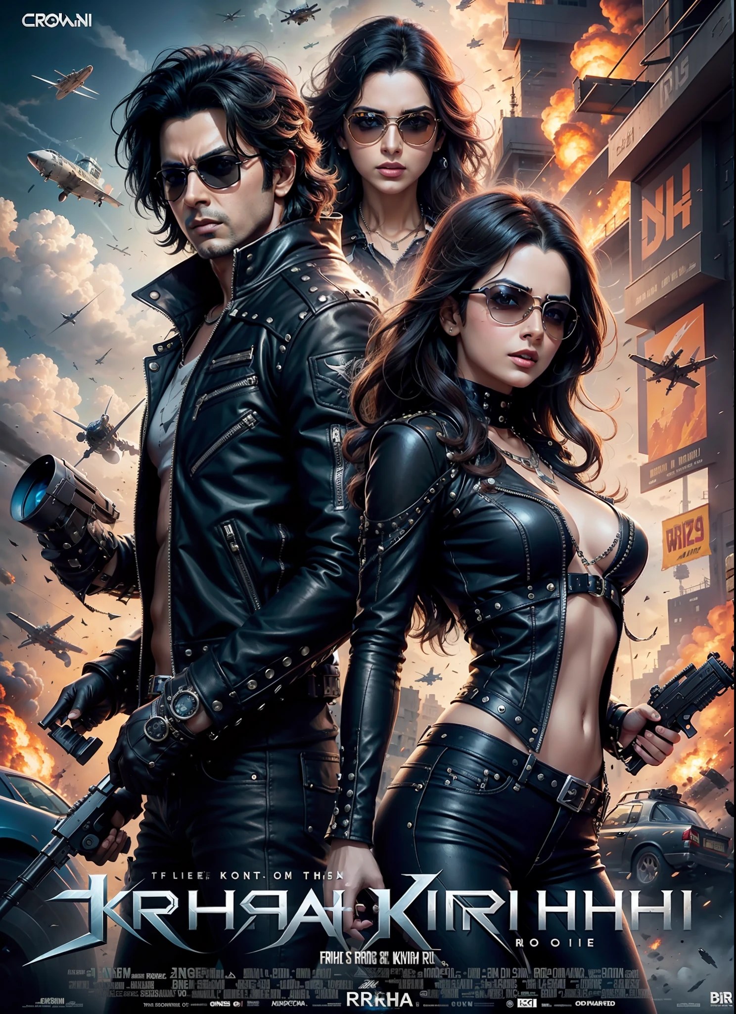Movie poster krrish, sunglasses, rivets, one girl, explosions, gun in hand, cars, planes, front view