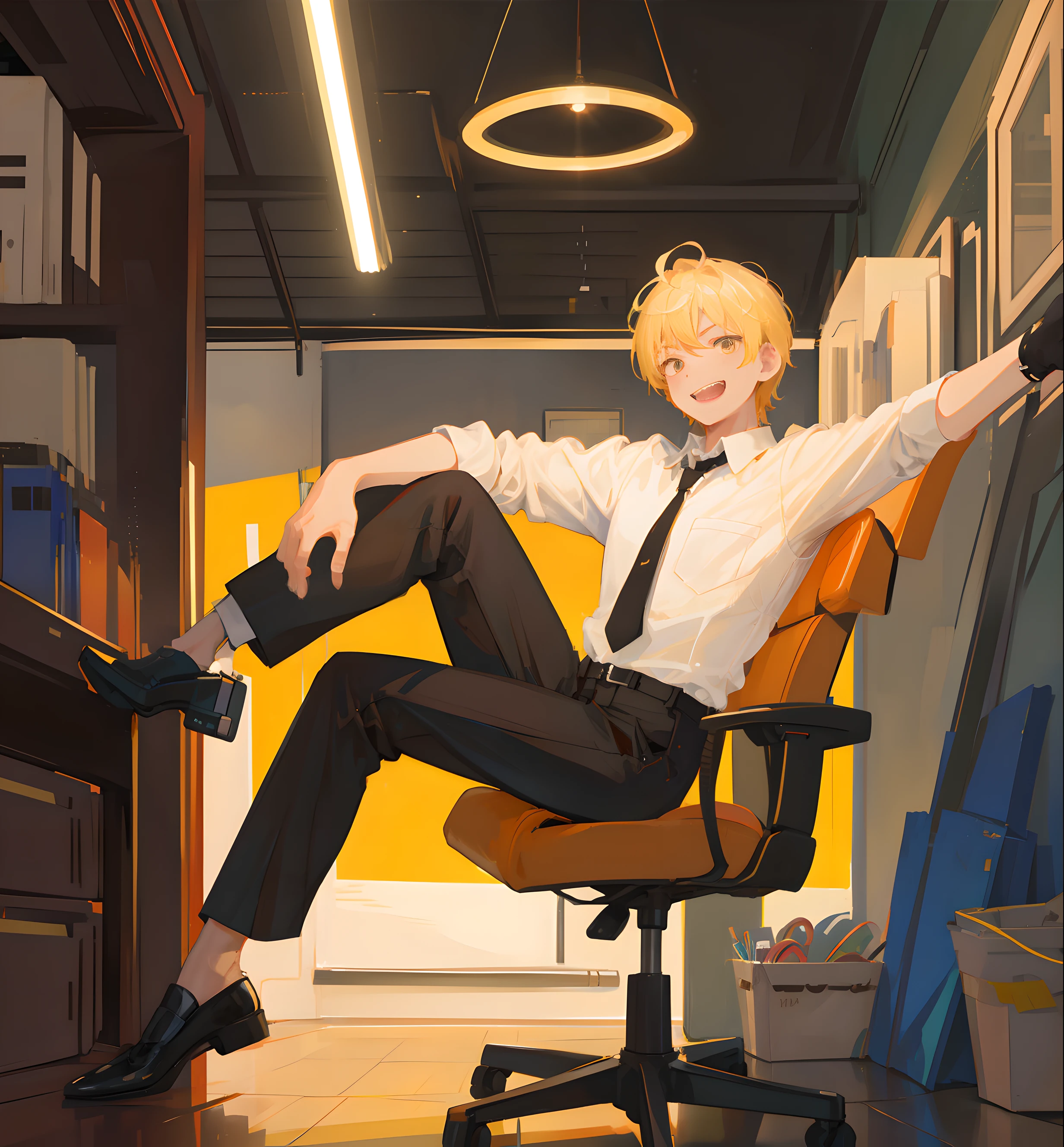 Masterpiece, best quality: 1.2), solo, male focus, 1 boy, electroji, sharp teeth, grinning, looking at the audience, sitting in office chair, blonde hair, brown eyes, white collar shirt, black tie, black pants