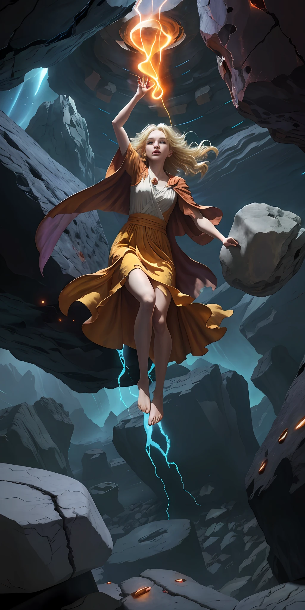 female barefoot summoner levitating with blonde hair robes and cape arms lifted up over a broken earth bright lava light from below asteroid field (jagged rocks boulders and debris shooting into the air:1.3) (windy dust debris storm:1.1) volumetric fog mist ray tracing z pass bright light from below, (masterpiece) (best quality) (detailed) (8k) (cinematic lighting) (sharp focus) (intricate)