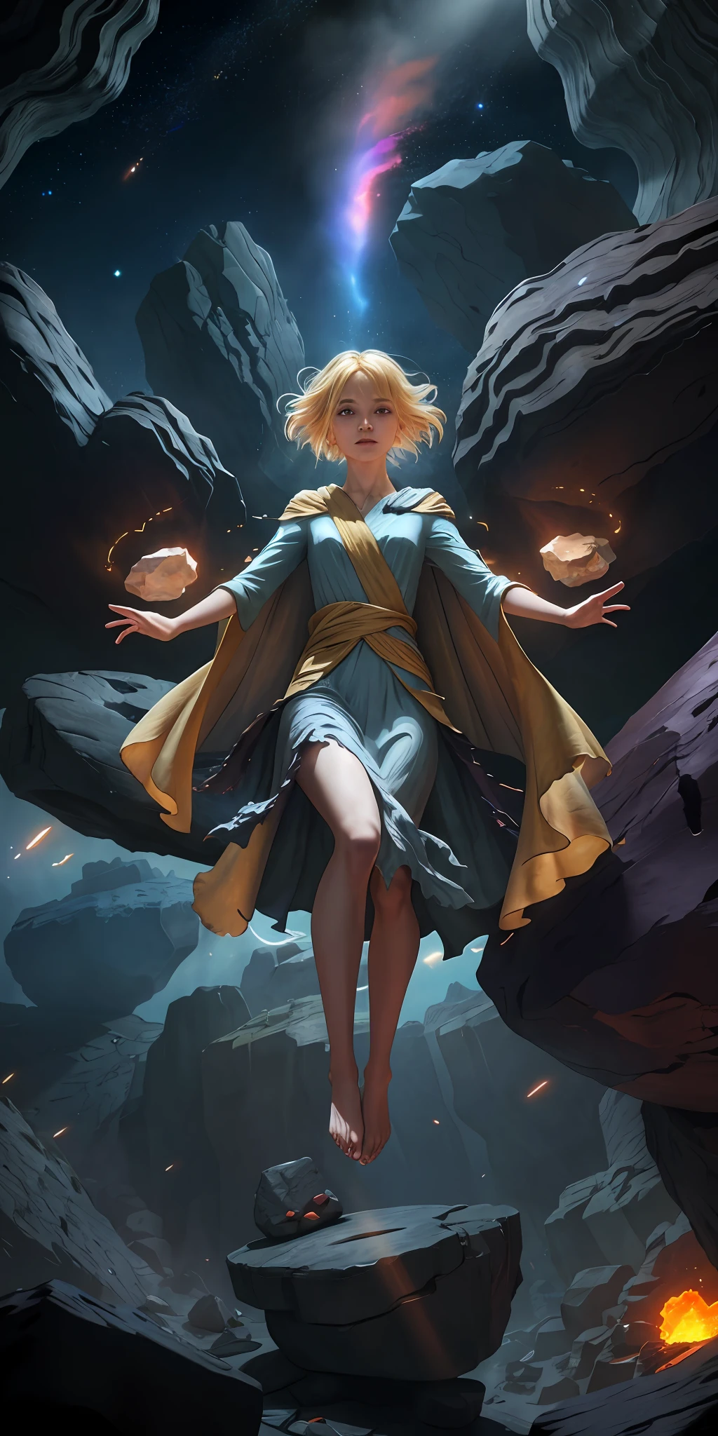female barefoot summoner levitating with blonde hair robes and cape arms lifted up over a broken earth bright lava light from below asteroid field (jagged rocks boulders and debris shooting into the air:1.3) (windy dust debris storm:1.1) volumetric fog mist ray tracing z pass bright light from below, (masterpiece) (best quality) (detailed) (8k) (cinematic lighting) (sharp focus) (intricate)