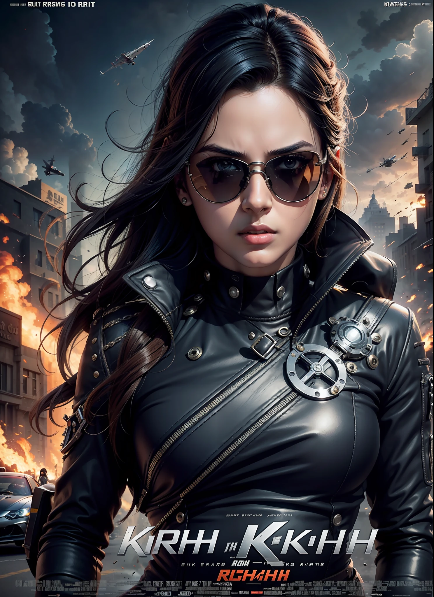 Movie poster krrish, sunglasses, rivets, one girl, explosions, gun in hand, cars, planes, front view