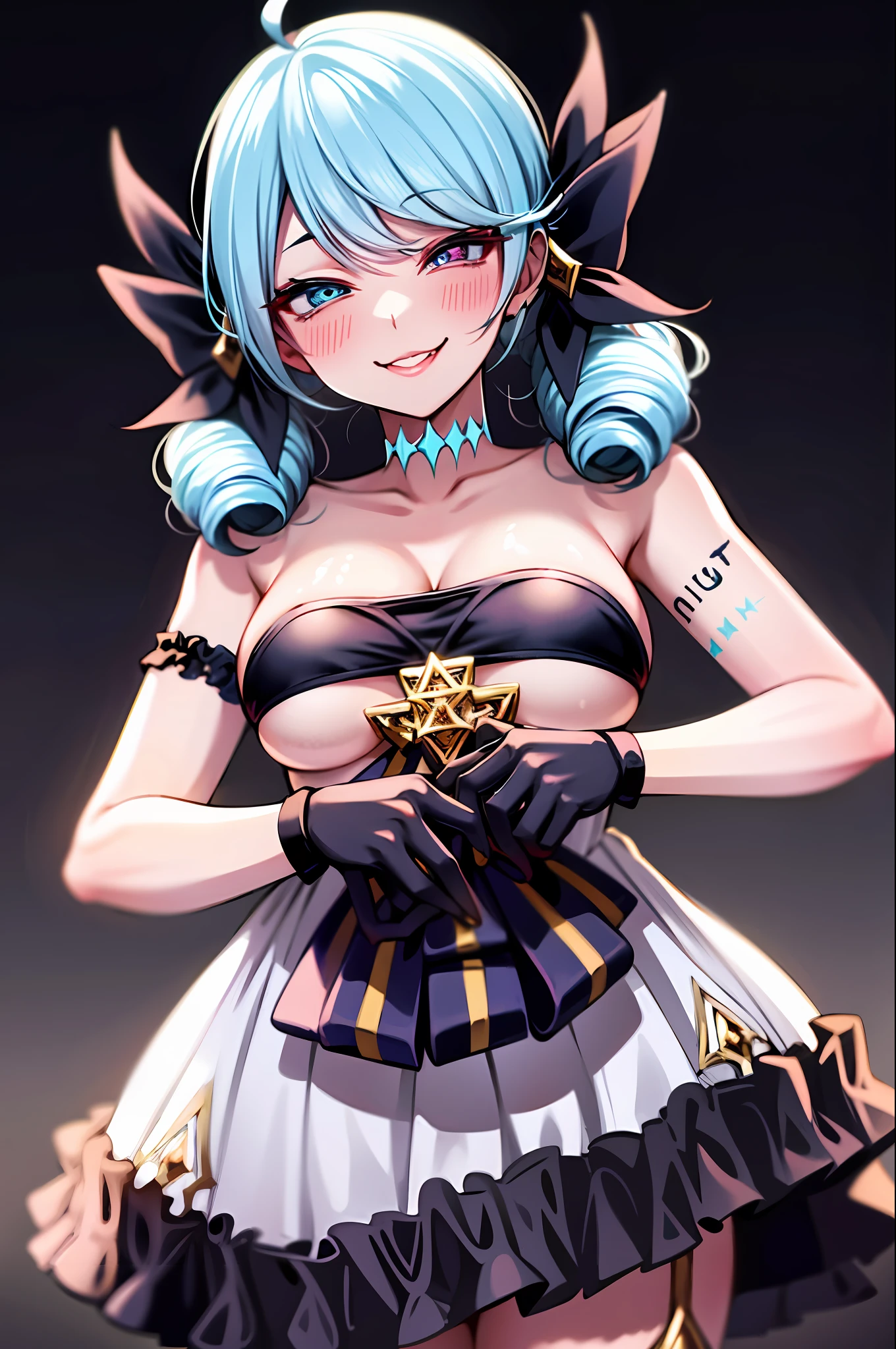 1girl, black bow, black gloves, black legwear, blue eyes, blue hair, bow, collarbone, drill hair,gloves, gwen\(league of legends\), hair ornament, highres, league of legends, long hair, split lips, swollen sleeves, pink pupils, smile, solo, x, x hair ornament, large breasts, indoors, half_naked, (((ahegao))), (((micro bikini))), naughty look, naughty smile, ((goth)), (((latex))),