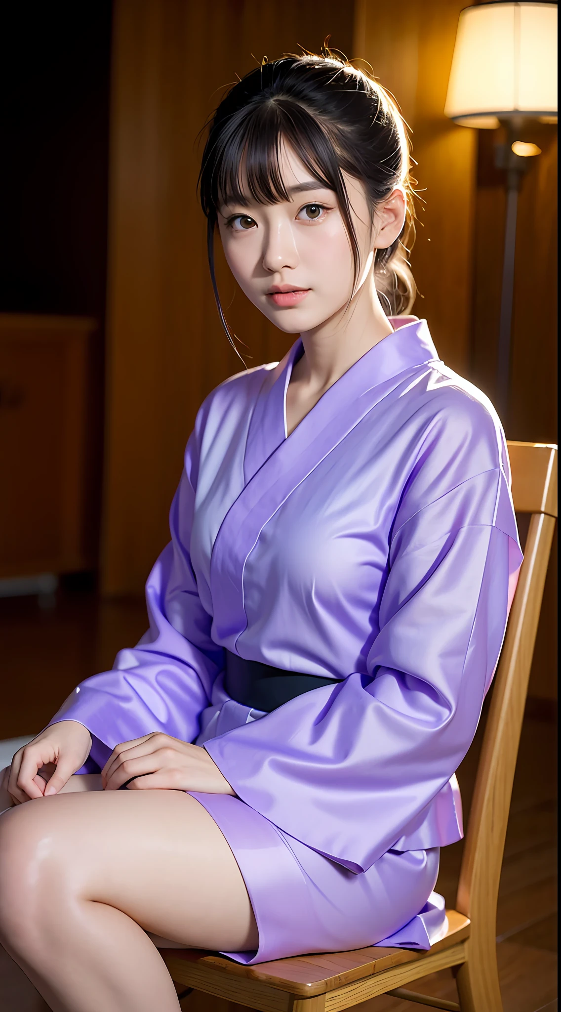 (yinchuan:1.5), close-up, masterpiece, best quality, raw photo, photorealistic, big breasts, beautiful face, soft smile, 20 year old girl, light purple yukata, designed yukata, sitting on a chair, clean legs visible, night, depth of field, high resolution, ultra detail, fine detail, very detailed, highly detailed eyes and face, sharp pupils, realistic pupils,