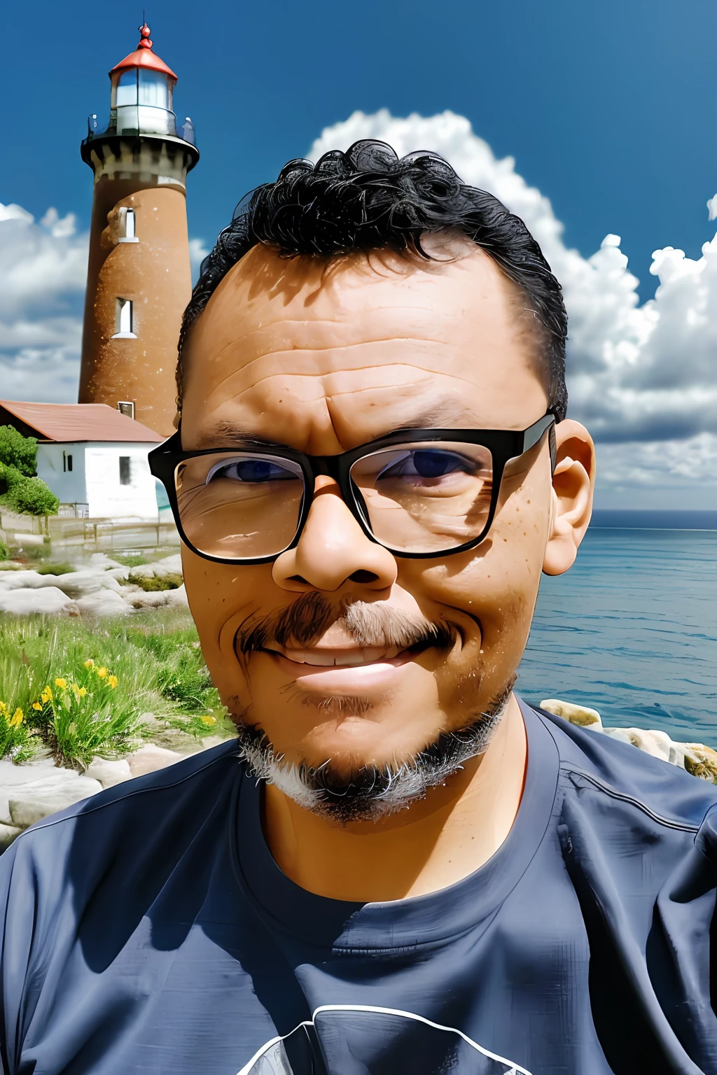 guttonerdvision5, detailed photograph of one (bespectacled man: 1.3), (sharp face: 1.1), (storm: 1.2), (waves: 1.3), ocean, (lighthouse background: 1.3), (center of image: 1.2), (cowboy photo: 1.4), looking at the camera, pose for photography, realistic, masterpiece, high quality, backlighting, (lens reflection:1.1), (flowering:1.1), (chromatic aberration:1.1)