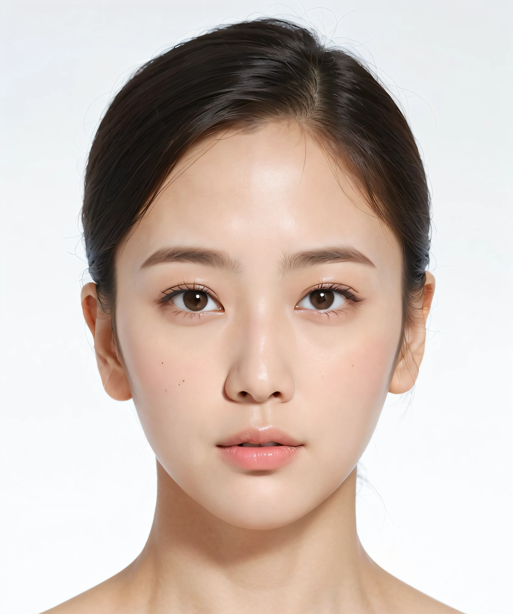 There is a woman posing for a photo, Korean symmetrical face, Korean face features, Southeast Asian round face, clean beautiful symmetrical face, young cute Korean face, perfect face model, clean perfect symmetrical face, young woman's face, young female face, round face, model face, full round face, (highly detailed skin: 1.2)