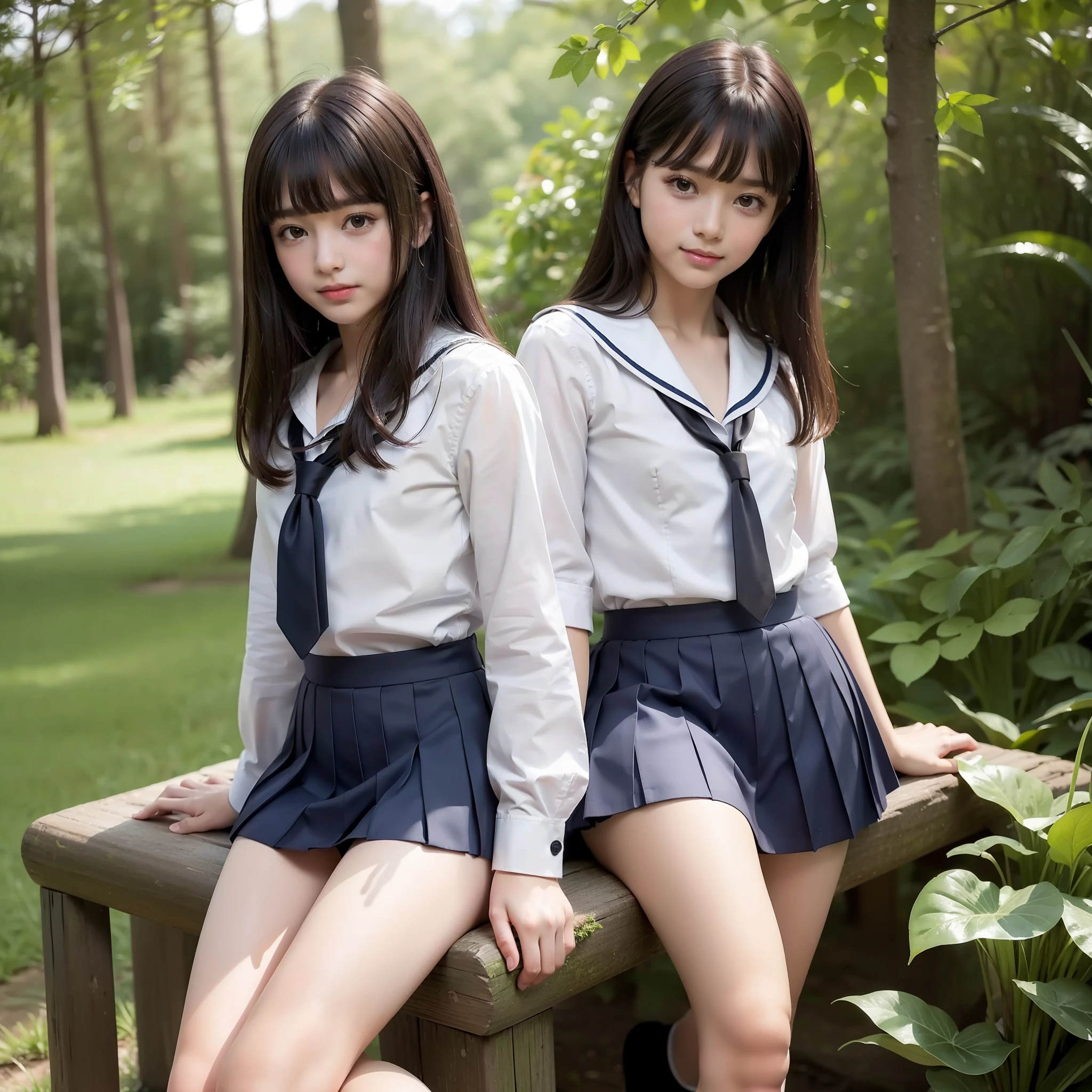 Next to a big tree(high resolution1.5),(raw photo1.5),cheerful atmosphere,
((beautiful legs1.7)),(Natural beautiful face1.4),(baby face1.4)((((small:1.4))breast)), (dark hair with bangs:1.4),
((School sailor uniform1.5)), (White half Sleeve Shirt1.6), Navy Blue Skirt, Navey Blue Tie,White High Socks, black Loafers,
(small smile),
in the forest,