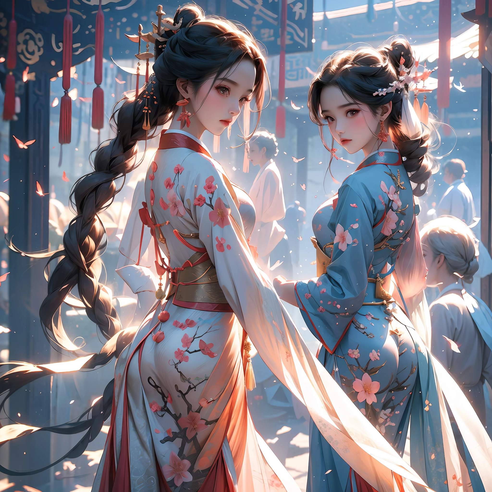 Masterpiece, best quality, side light, lens flare, ray tracing, sharp focus, dressed in Hanfu, a girl, dancing under peach blossoms,