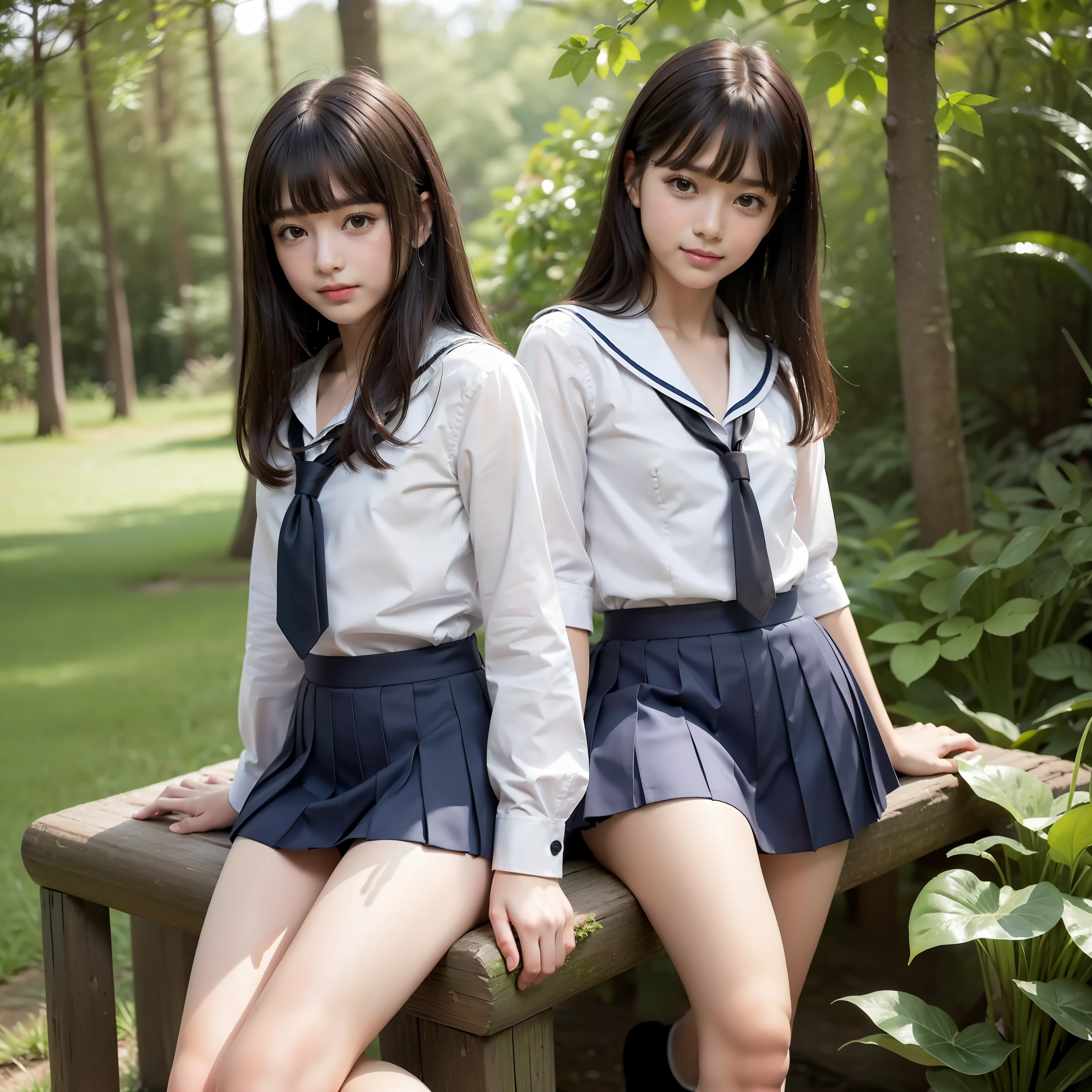 Next to a big tree(high resolution1.5),(raw photo1.5),cheerful atmosphere,
((beautiful legs1.7)),(Natural beautiful face1.4),(baby face1.4)((((small:1.4))breast)), (dark hair with bangs:1.4),
((School sailor uniform1.5)), (White half Sleeve Shirt1.6), Navy Blue Skirt, Navey Blue Tie,White High Socks, black Loafers,
(small smile),
in the forest,