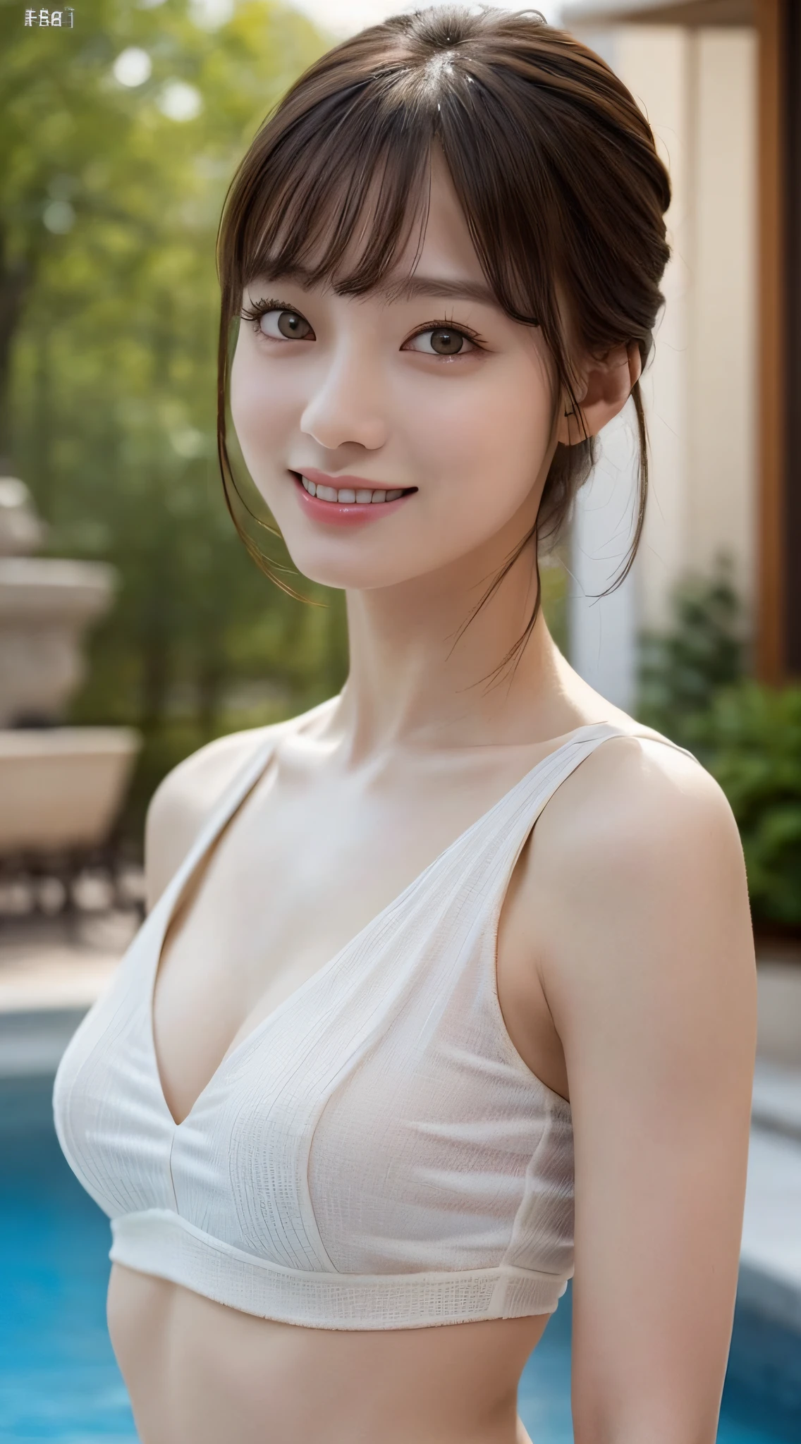 ((Top Quality, 8k, Masterpiece: 1.3)), 1 woman, Beautiful girl with slender abs: 1.3, Big: 1.2, Seductive pose, Pool, Ultra detailed face, High detailed lips, Detailed eyes, Double eyelids, Smile