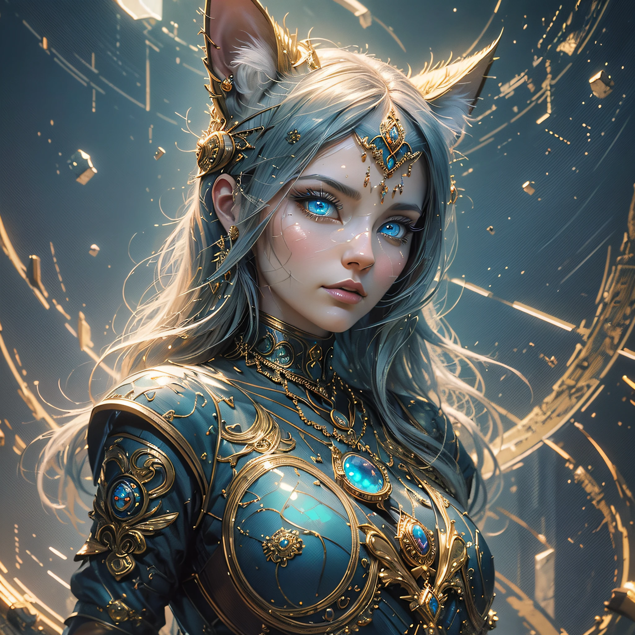 ((Best quality)), ((masterpiece)), (detailed: 1.4), 3D, a digital painting of a woman imbridled cat with blue eyes, unreal engine rendering + a goddess, very detailed, beeple global lighting, elaborate ornate jewelry, trends in cgisociety, motion graphics, global lighting rossdraws, cgsociety --auto --s2