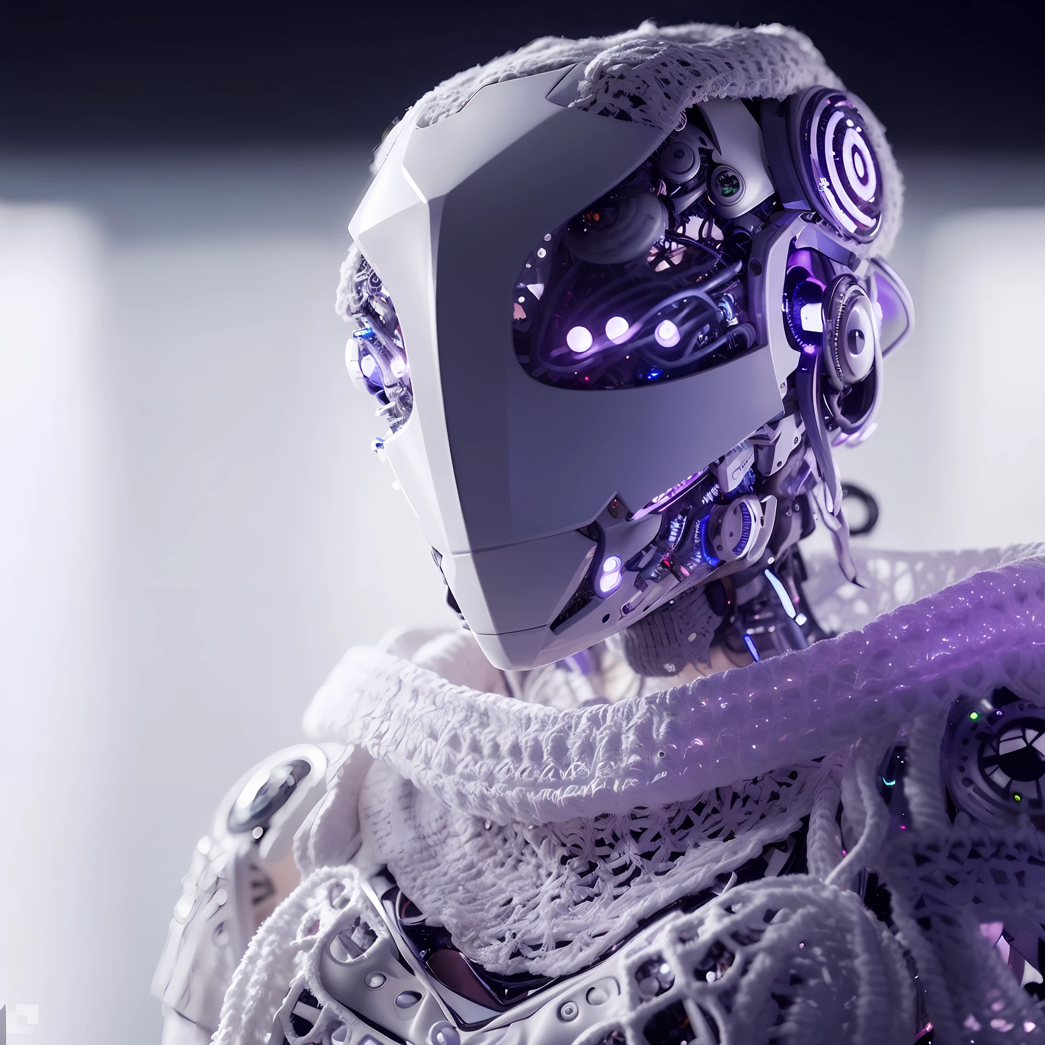 There's a robot with a purple light on its face with a crochet scarf around its neck and a crochet burrow, detailed, cybernetic and highly detailed humanoid, intricate 8K rendering, cyborg fashion model, intricate art. octane render, portrait of a futuristic robot, cyberpunk fashion mechanoid, intricate cyborg, porcelain cyborg, white cyborg fashion photo, rendered in redshift, detailed portrait of a cyborg, fashion photography