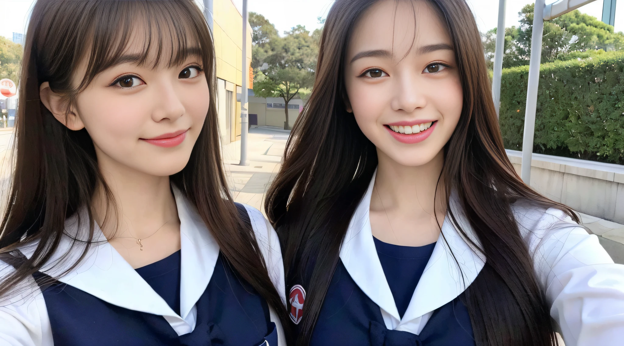 (8k, RAW photo, top quality, masterpiece: 1.2), ultra detail, super resolution, (realistic, real photo: 1.37), portrait, Nogizaka 46, Nanase Nishino, (photorealistic: 1.4), very detailed and beautiful, super high quality, 8k wallpaper, amazing details, huge file size, very detailed beautiful girl, very detailed face very detailed eyes, very realistic skin, Very detailed fingers, Very detailed nose, Very detailed mouth, Perfect anatomy, Very detailed background, Very detailed clothes, , Pretty girl, Famous Japan idol, Cute, Realistic body, Slender, White skin, Glowing skin, Slim body, Long straight hair, (Dull bangs:1.2), Realistic face, Delicate eyes, Double eyelids, Sailor suit, Red ribbon Schoolgirl Friend Smile Fashionable uniform Good friend Hair fluttering in the wind After school Brown hair Energetic Navel-out High school girl youth Celebrity level cuteness Multiple high school girls Frolicking with friends Looks fun Full of smiles Cute Enjoy at attractions Roller coaster Fluttering hair Full body image Thin legs