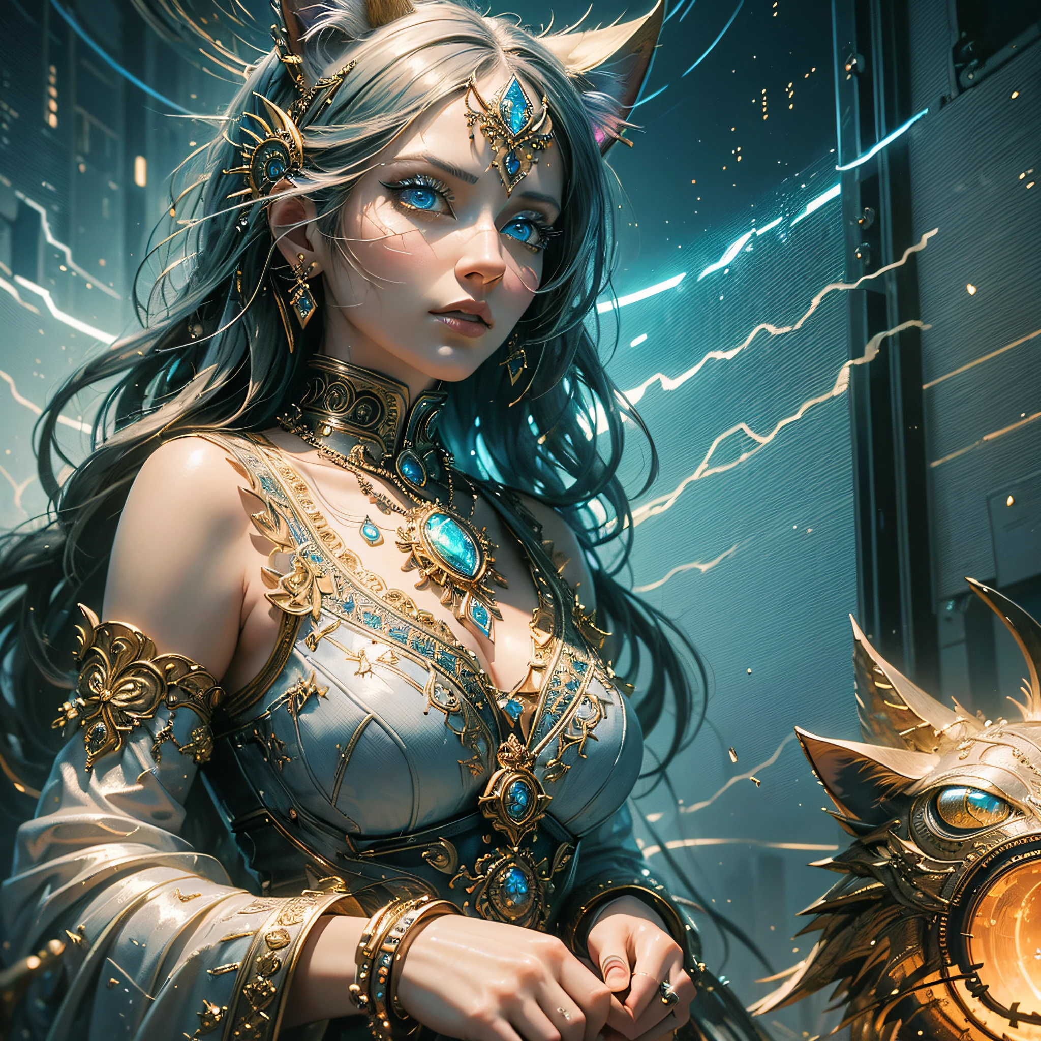 ((Best quality)), ((masterpiece)), (detailed: 1.4), 3D, a digital painting of a woman imbridled cat with blue eyes, unreal engine rendering + a goddess, very detailed, beeple global lighting, elaborate ornate jewelry, trends in cgisociety, motion graphics, global lighting rossdraws, cgsociety --auto --s2