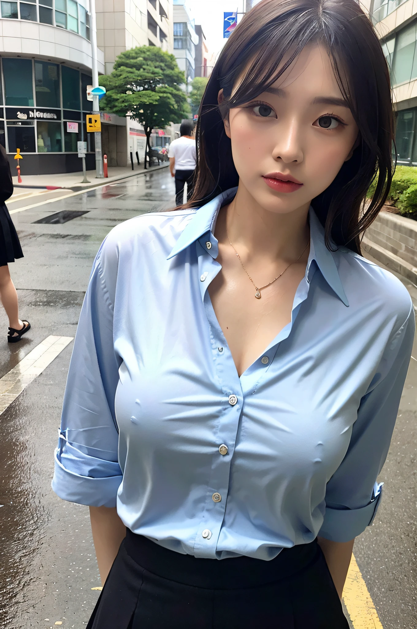 (Best Quality, 4K, Masterpiece: 1.3), Pretty Woman, 1girl, (Breasts, Glamorous Body: 1.2), Abs: 1.1, Dark Brown Hair: 1.1, (Rain Wet, Rain Wet, Wet Body: 1.2), Ultra-Detail Face, Detail Lips, Detail Eyes, Double Eyelids, Close-up of a Woman in a Skirt and Shirt, Japanese Model, Quarter-Shot Shot, On the Street