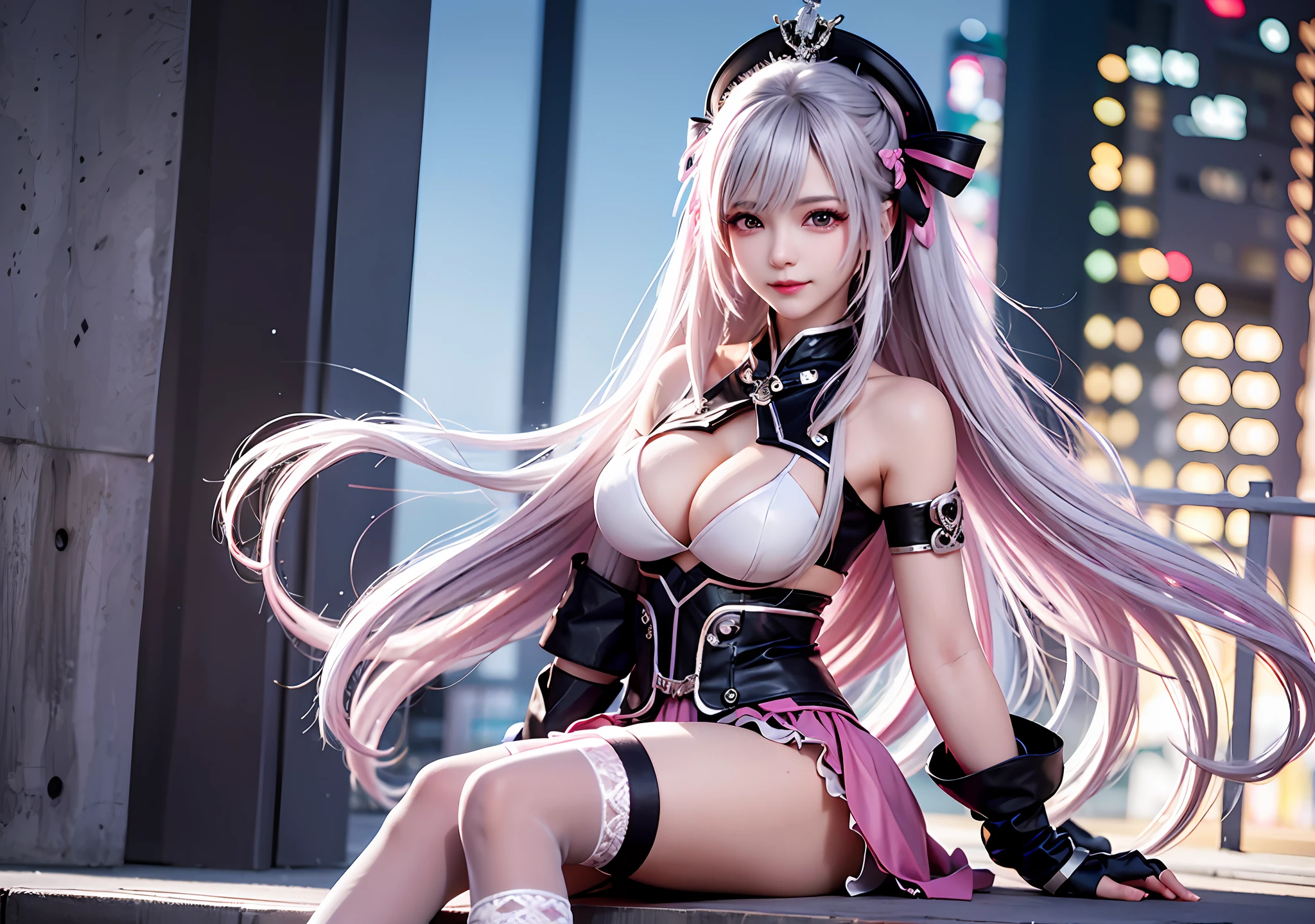 32k definition, high bitrate, 8k resolution, 1girl (1.7), silver long hair, cyberpunk style, stunning face, touching smile, feminine expression, nudity, crown, graffiti on face, face graffiti, big breasts, short skirt, pink ta, ribbon, stockings, long legs, sitting position, dreamy city background