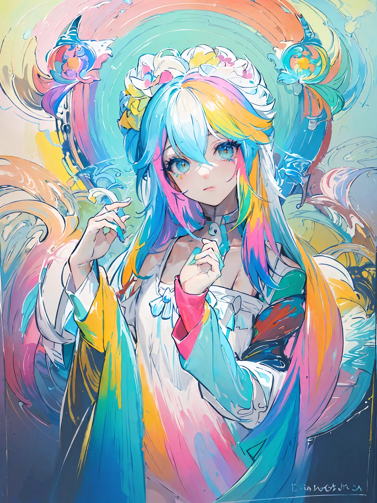 (Pink Fashion T-shirt:1.9),(Colorful hair: 1.8), (all the colours of the rainbow: 1.8),(((((vertical painting:1.6))), (painting:1.6),front, comics, illustrations, paintings, large eyes, crystal clear eyes,( rainbow color gradient high ponytail:1.7), exquisite makeup, closed mouth,(Small Fresh: 1.5),(Wipe Chest: 1.6) ,long eyelashes, white off shoulder T-shirt, White Shoulder Shirt,looking at the audience, large watery eyes, (rainbow colored hair:1.6), color splash, (solo:1.8), color splash, color explosion, thick paint style, messy lines, ((shining)),(colorful), (colorful), (colorful), colorful, Thick Paint Style, (Splash) (Color Splash), Vertical Painting, Upper Body, Paint Splash, Acrylic Pigment, Gradient, Paint, Highest Image Quality, Highest Quality, Masterpiece, Solo, Depth of Field, Face Paint, colorful clothes, (Elegant: 1.2), gorgeous,long hair, wind, (Elegant: 1.3), (Petals: 1.4),(((masterpiece))),(((best quality))),((ultra-detailed)),(illustration),(dynamic angle),((floating)),(paint),((disheveled hair)),(solo),(1girl) , (((detailed anima face))),((beautiful detailed face)),collar,bare shoulders,white hair, ((colorful hair)),((streaked hair)),beautiful detailed eyes,(Gradient color eyes),(((colorful eyes))),(((colorful background))),(((high saturation))),(((surrounded by colorful splashes))),