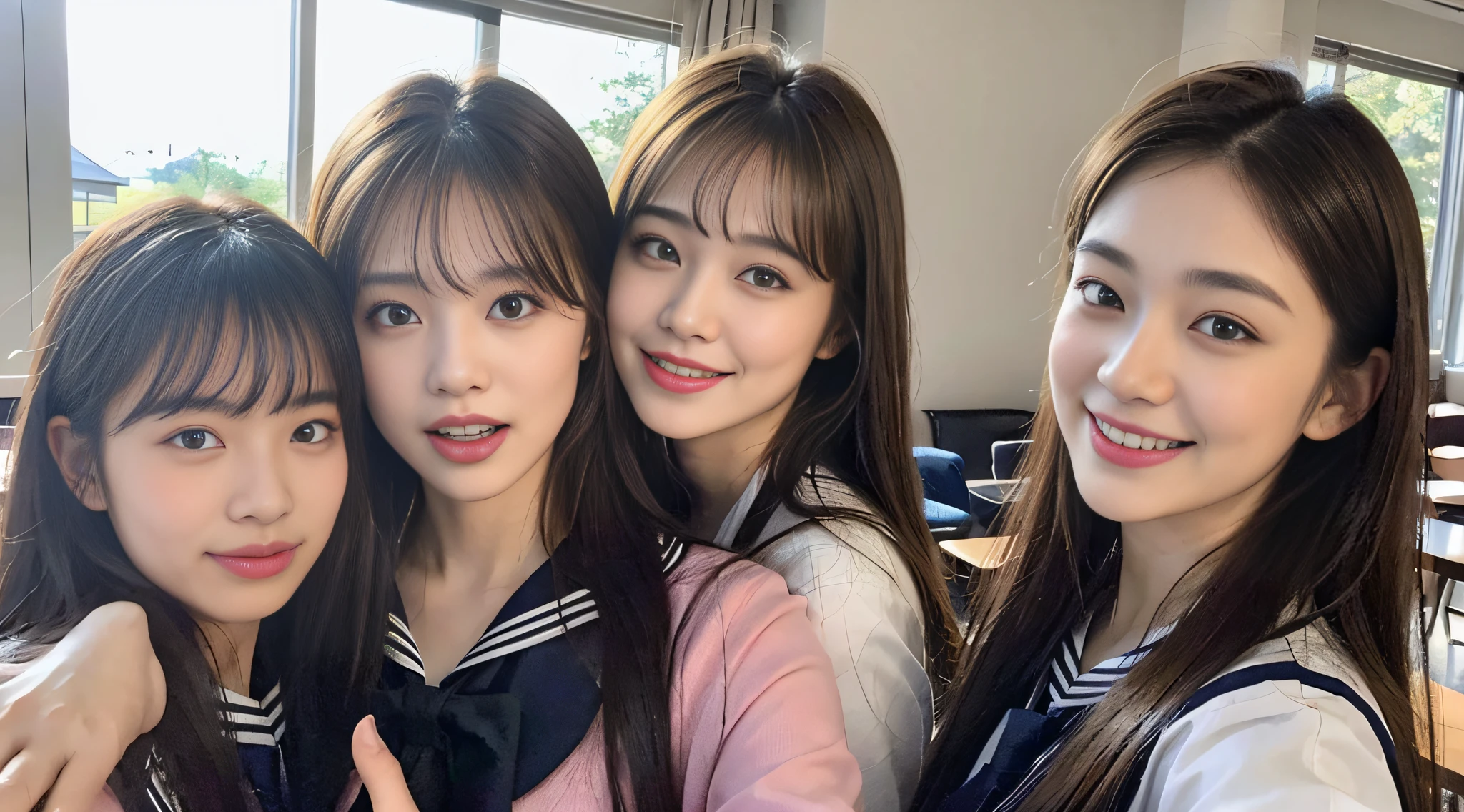 (8k, RAW photo, highest quality, masterpiece: 1.2), ultra detail, super resolution, (realistic, real photo: 1.37), (photorealistic: 1.3), portrait, high resolution RAW color photo, professional photo, very detailed and beautiful, mouth open (looking at this with tongue out), cute pose (posing to show sides), super high quality, 8k wallpaper, amazing details, huge file size, very detailed beautiful girls, different pattern faces, having a conversation in school classroom, shining in the light, one is a ponytail, waist chiller, modern cute schoolgirl, very detailed face very detailed eyes, very realistic skin, very detailed fingers, very detailed nose, very detailed mouth, perfect anatomy, very detailed sailor suit, very detailed background, after school, Smiling school girls are gathered in the hallways of the school. They are in uniform, and the blackboard is faintly visible in the background. The bright windows illuminate the classrooms, revealing the details of their hair and uniforms. They enjoy chatting in natural poses and seem to have memorable conversations. Smiles are overflowing, fun spreads in the hallwaySome children are sticking out their tongues,Accumbe, tongue out, , cute girl, famous Japan idol, cute, realistic body, slender, white skin, glowing skin, slim body, long straight hair, (dull bangs:1.2), , schoolgirl youth celebrity level cuteness , (pink eye shadow)