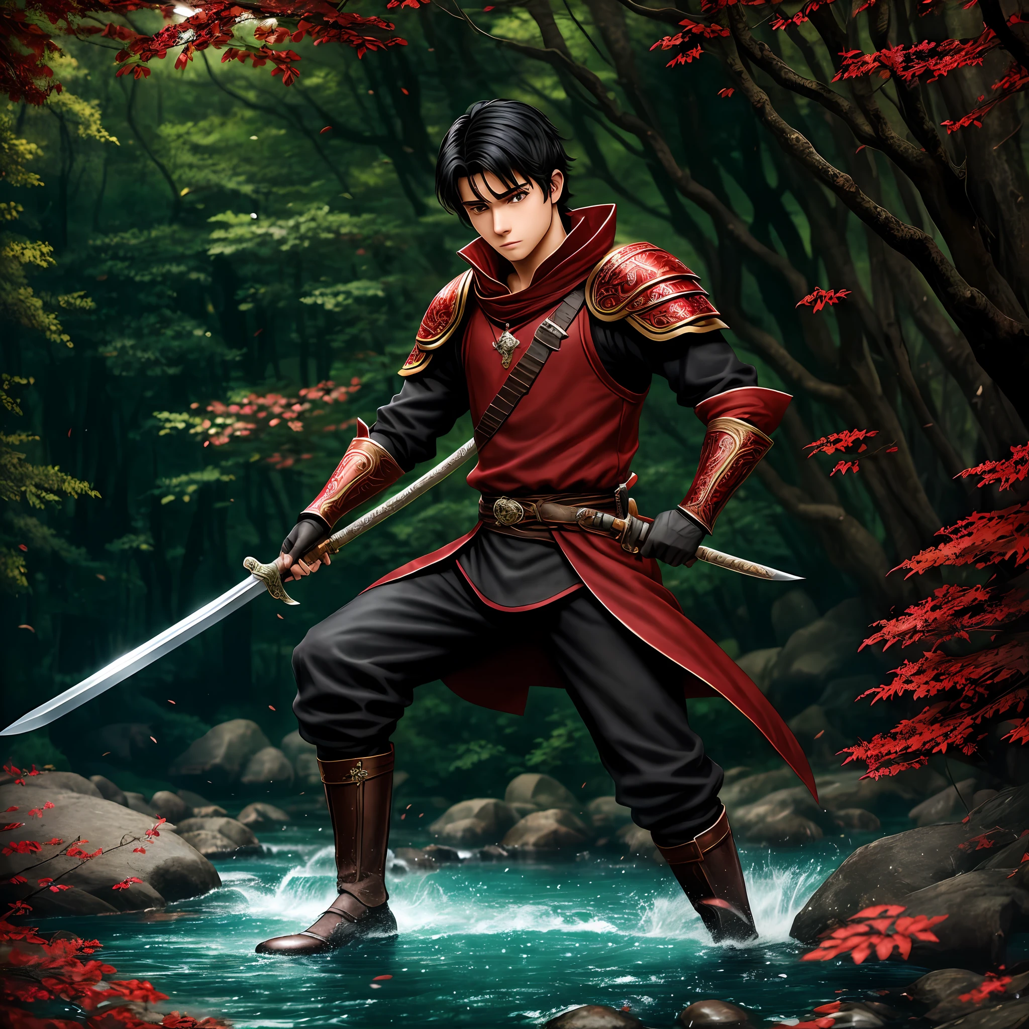 Ethan 16 year old young swordsman, black hair and short, stature of 1.79 meters, carrying a sacred sword, well detailed red divine armor, in a forest with stream with rich rocks of natural beauty. --auto --s2
