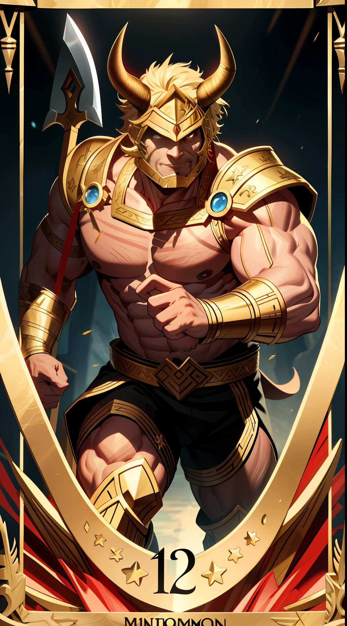Best quality, super detailed graphics, a strong man, minotaur, holding an axe, wearing golden Greek armor, with obvious muscle lines, red eyes, gold star in background, tarot card form, 3d effect