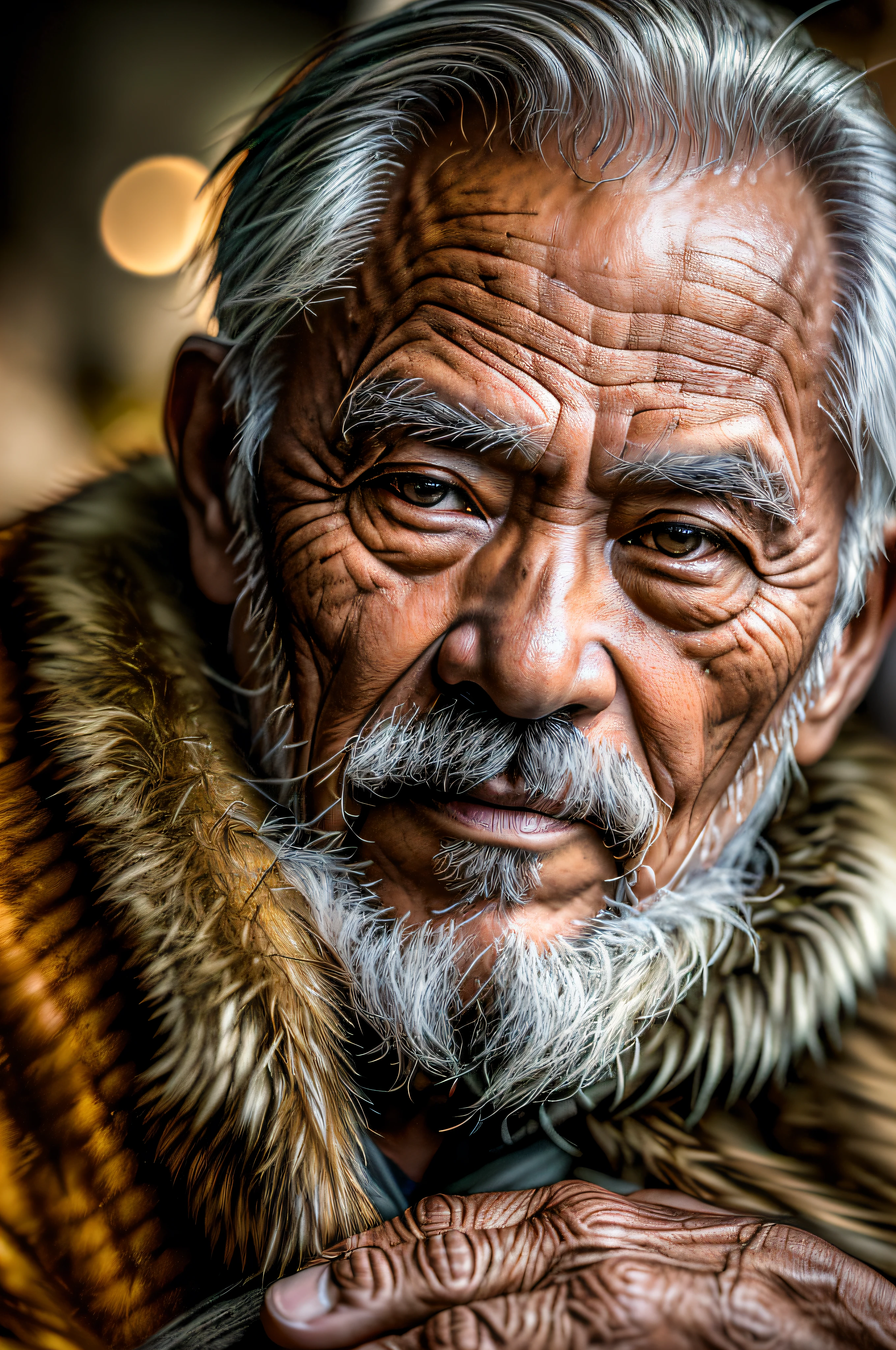 (masterpiece, photorealistic, raw,:1.4), (extremely intricate:1.2), close up, cinematic light, sidelighting, ultra high res, best shadow, RAW, upper body,a close up shot photo of a Vietnamese old man, wearing a thick fur coat, sitting by the camp fire in the middle of the night