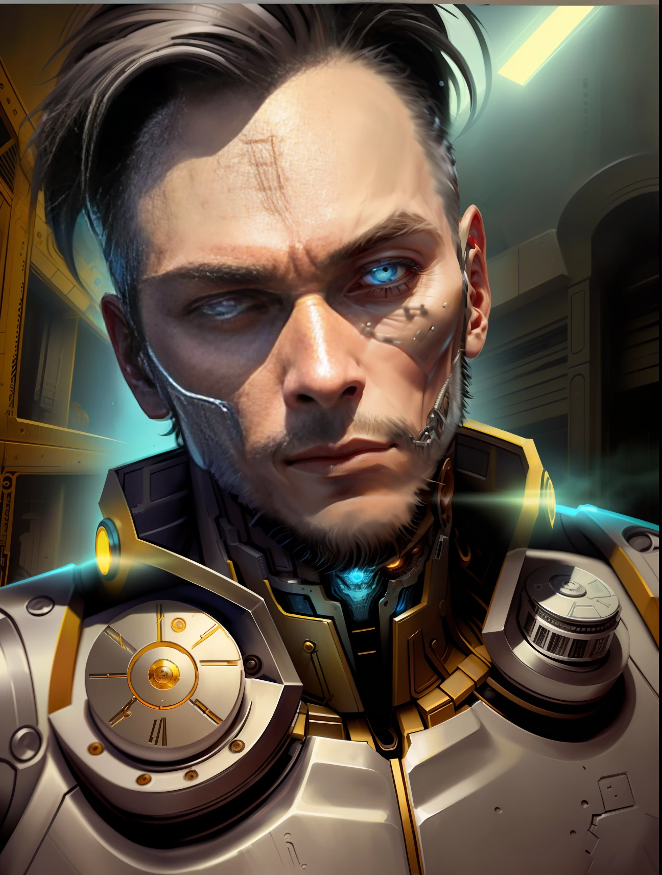 A cybernetic man in the range of 27 years old, muscular stereotype, with cowboy hat (mechanical parts: 1.5), fighting, bright eyes, short hair, tight supersuit torn, in a destroyed city, smoke and fire, aura of brilliant power, dynamic pose, dynamic vision, hyper detailed, 8k quality, with tattoo on the arm, mechanical roman watch on the chest, merge images, hyper realism. Enjoy original photo base, mechanical and human bust. With gray goatee and gray hair.