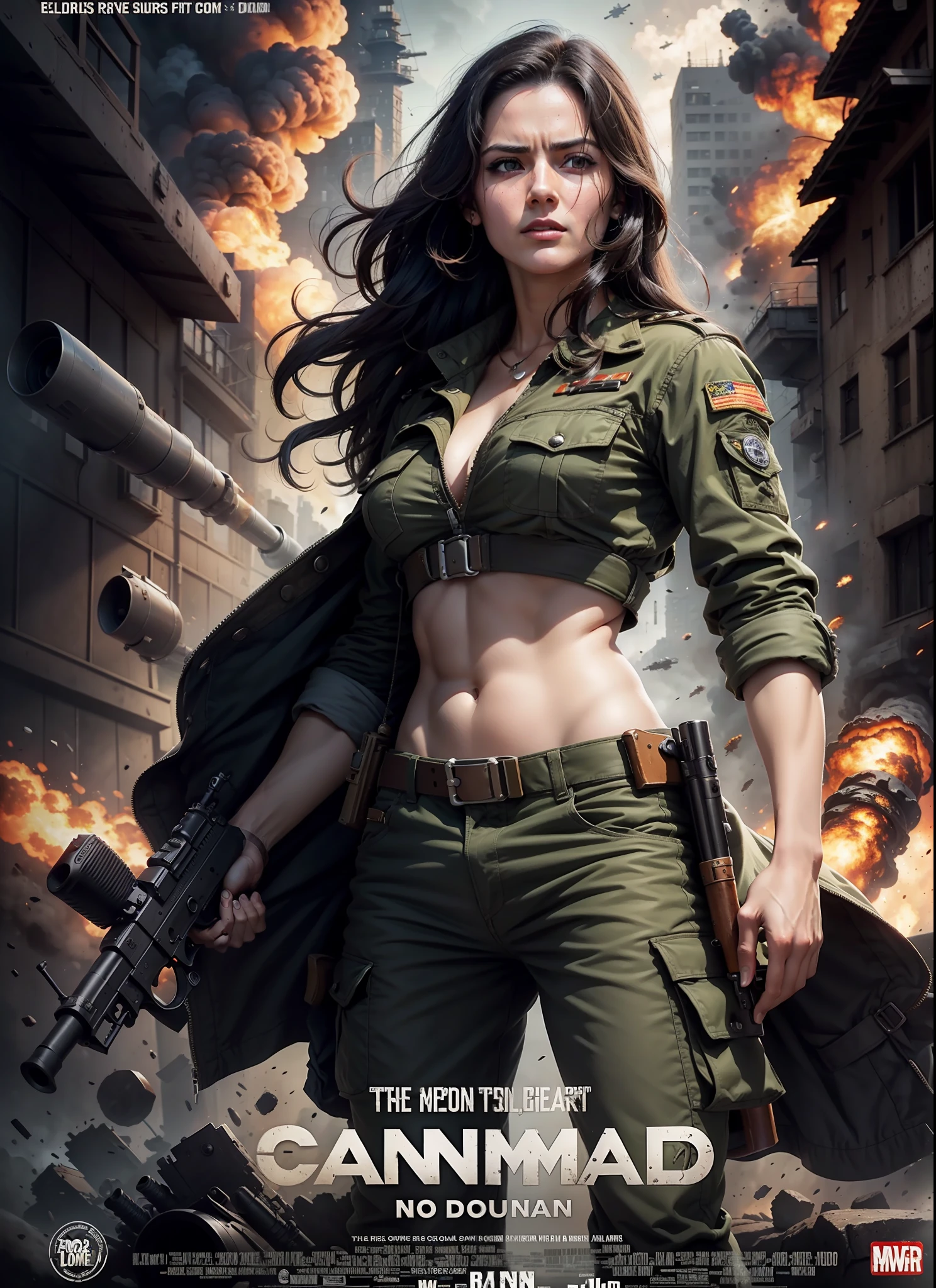 Commando movie poster, medium dark long hair, with big gun in hand, rivets, explosions, cars, planes, just one body