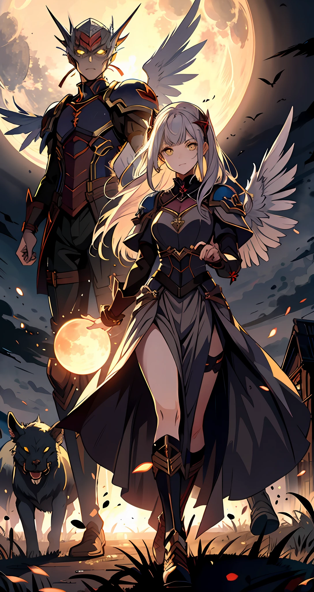 Yellow Moon, vampire, Bright eyes, glowing eyes walking on dead bodies, apocalypse, Armageddon background, apocalypse background, war background, beasts background, soldiers background, angel wings