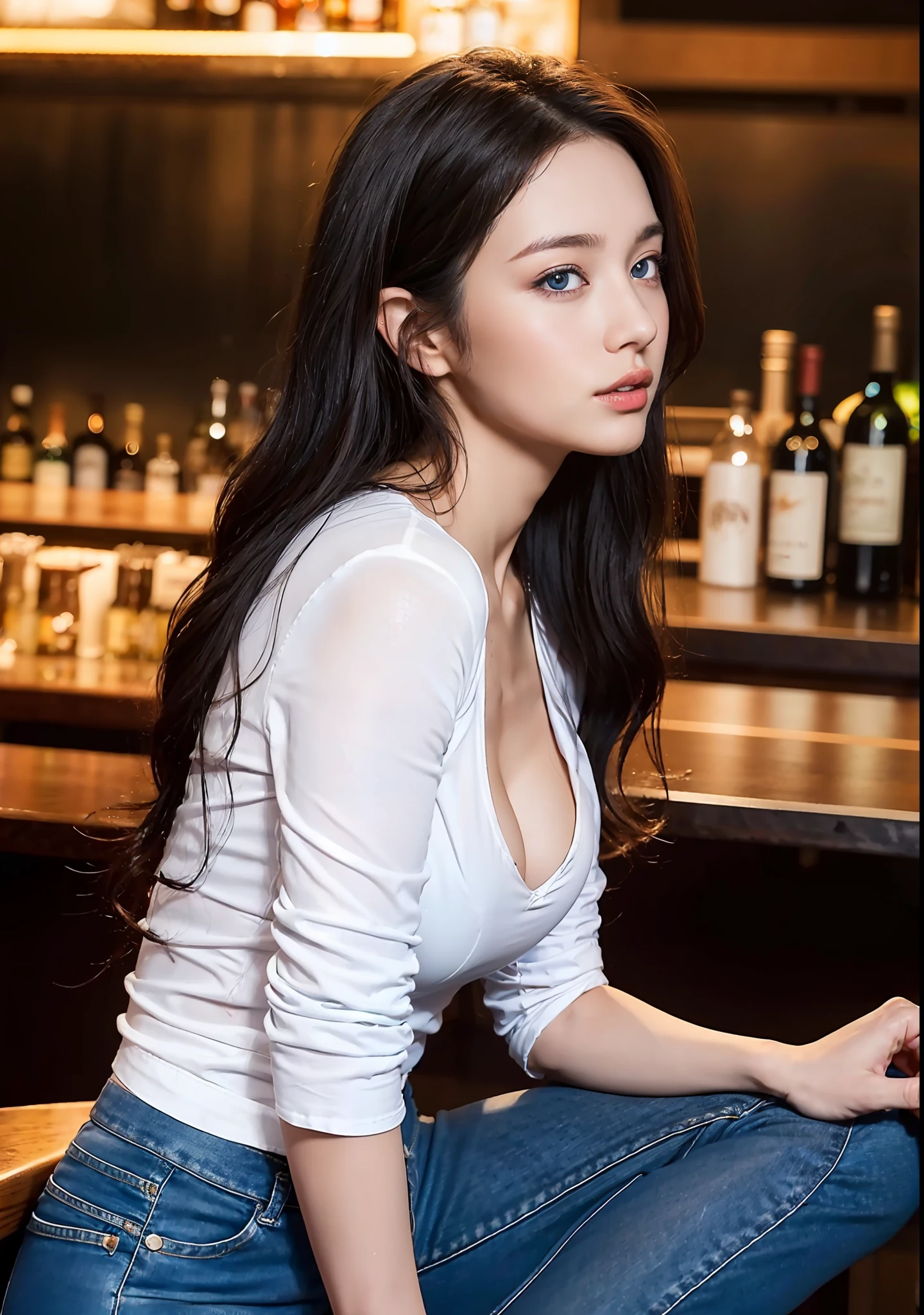 Women with ,black  curly hair,Blue eyes,tight white tshirt, jean short,Sit on chair in bar,bar at background,highly detailed, high resolution,8k,cleavage,4 side views, wines glass on side