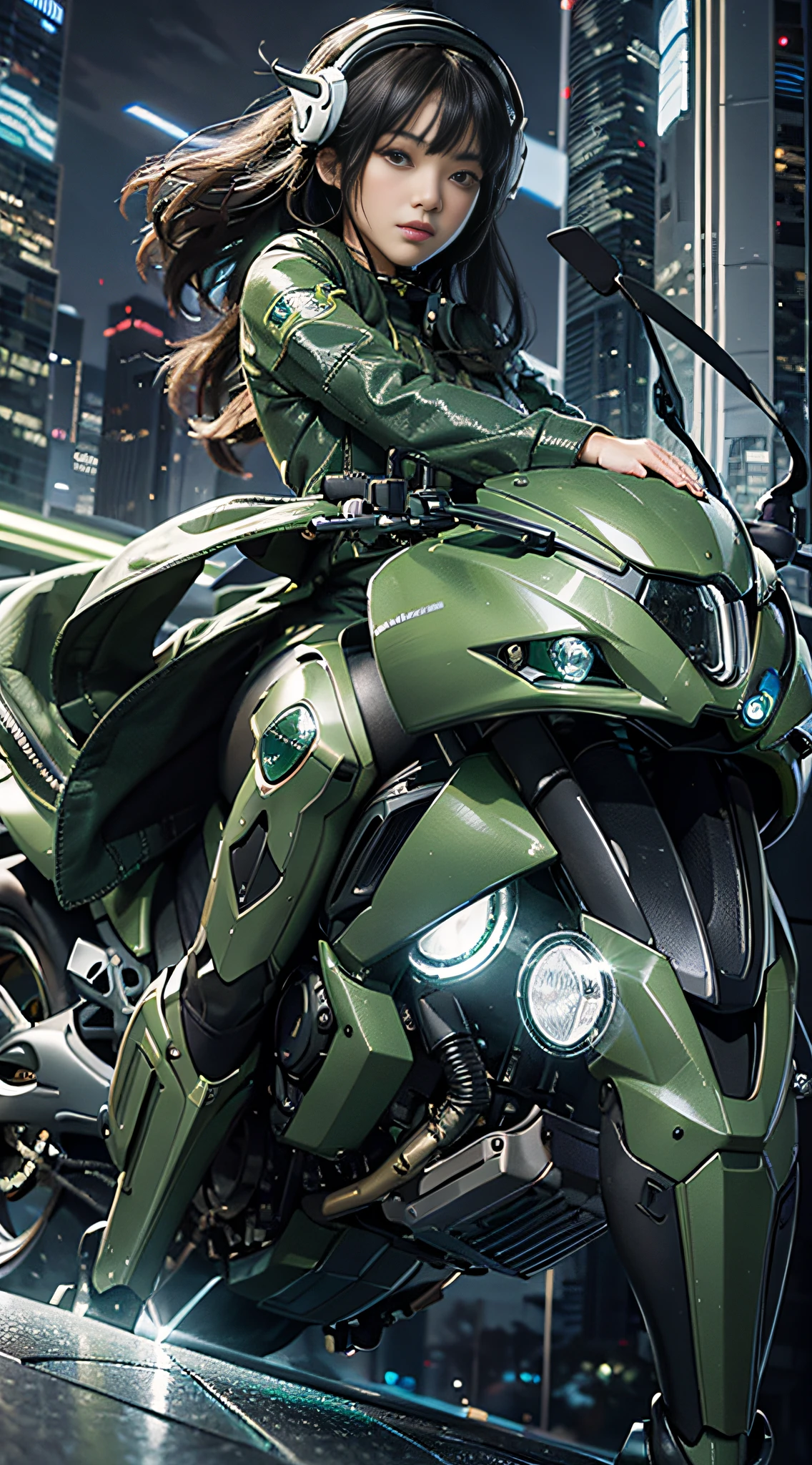 Highest image quality, outstanding details, ultra-high resolution, (realism: 1.4), the best illustration, favor details, highly condensed 1girl, with a delicate and beautiful face, dressed in a black and green mecha, wearing a mecha helmet, holding a directional controller, riding on a motorcycle, the background is a high-tech lighting scene of the future city.