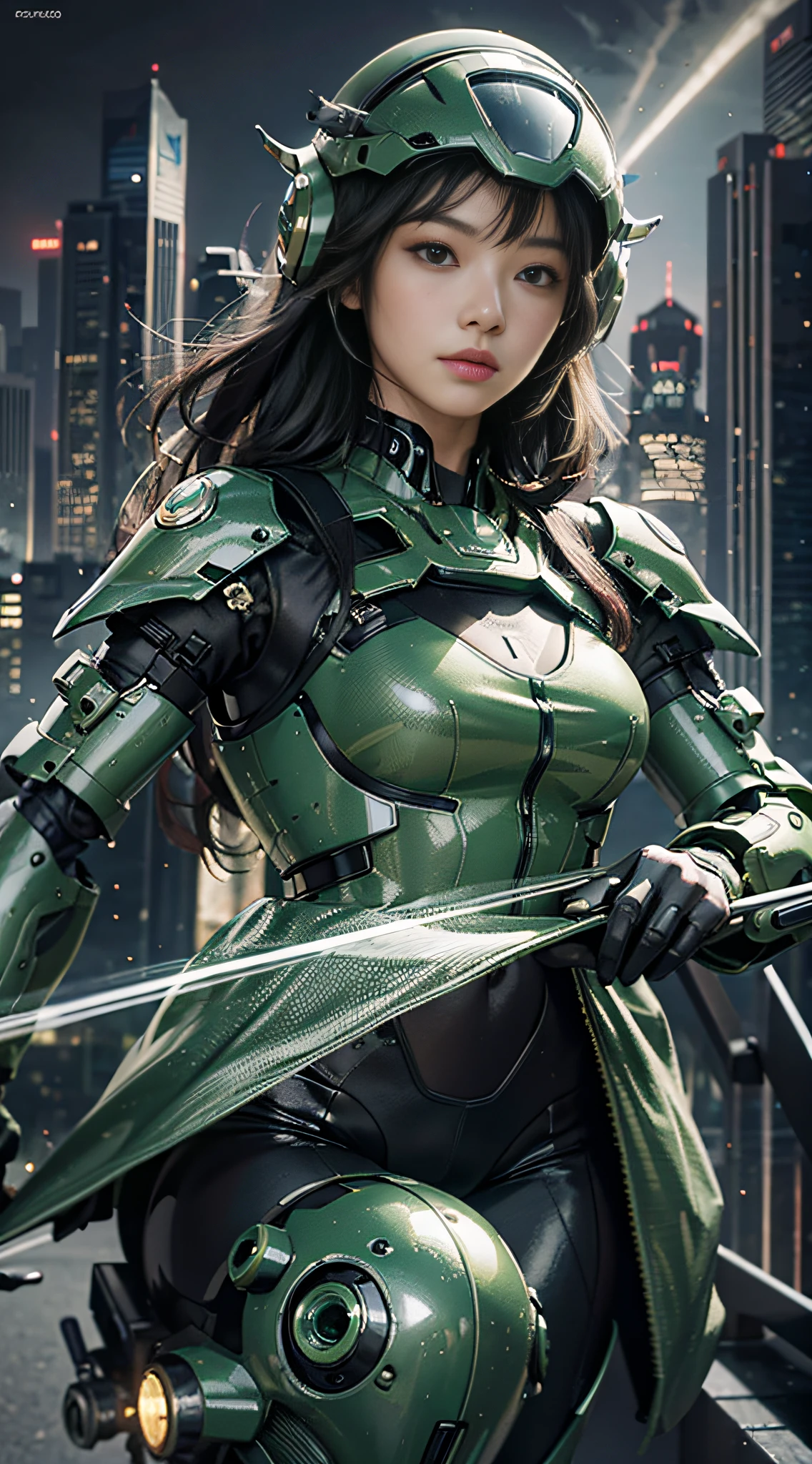 Highest image quality, outstanding details, ultra-high resolution, (realism: 1.4), the best illustration, favor details, highly condensed 1girl, with a delicate and beautiful face, dressed in a black and green mecha, wearing a mecha helmet, holding a directional controller, riding on a motorcycle, the background is a high-tech lighting scene of the future city.
