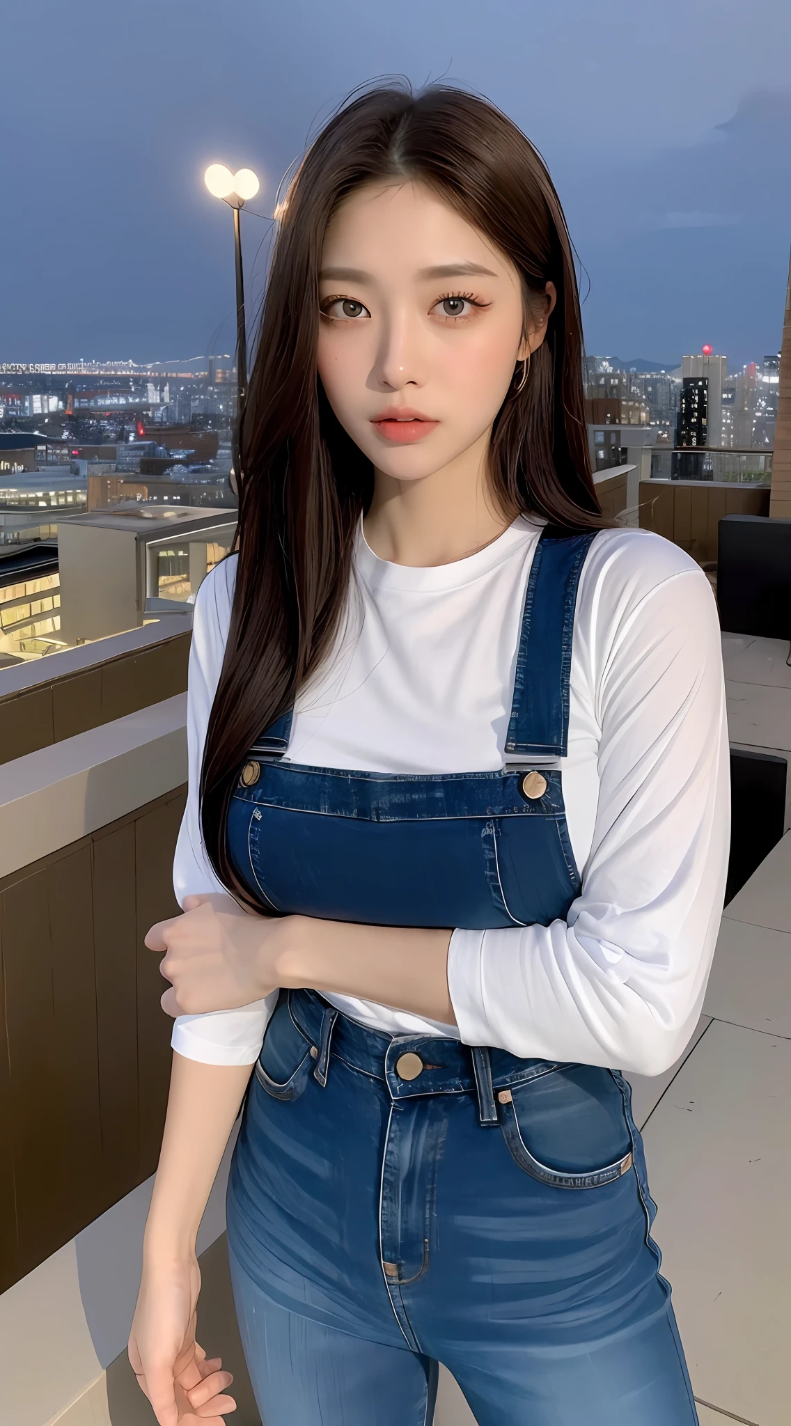 ((Midnight, Best quality, 8k, Masterpiece :1.3)), Whole body, Long legs, Sharp focus :1.2, A pretty woman with perfect figure :1.4, Slender abs :1.1, ((Dark brown hair, Big breasts :1.2)), (White tight tshirt, Jean bib, Standing:1.2), ((Night city view, Rooftop:1.3)), Highly detailed face and skin texture, Detailed eyes, Double eyelid