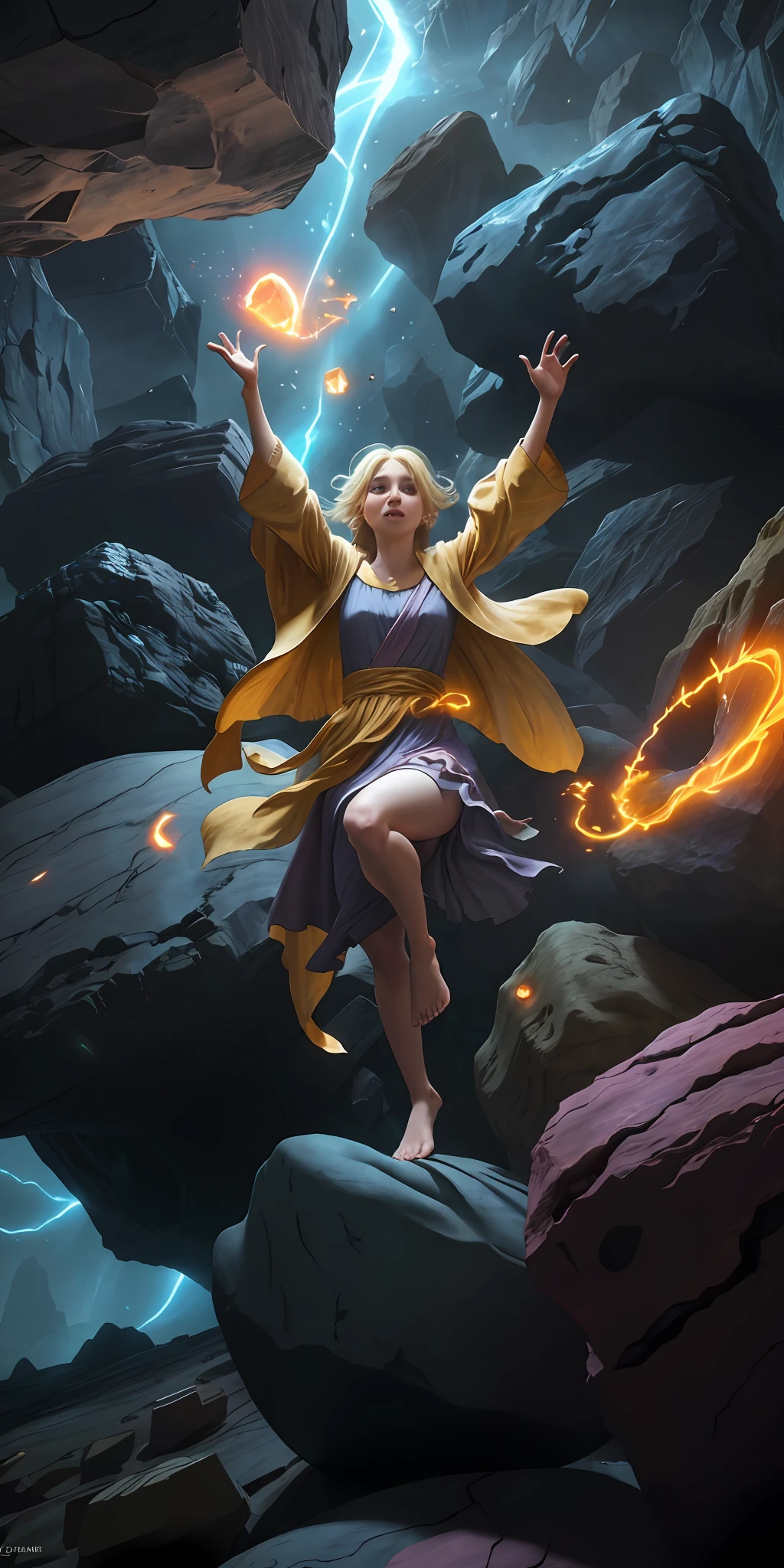 female barefoot summoner levitating with blonde hair robes and cape arms lifted up over a broken earth bright lava light from below asteroid field (jagged rocks boulders and debris shooting into the air:1.3) (windy dust debris storm:1.1) volumetric fog mist ray tracing z pass bright light from below, (masterpiece) (best quality) (detailed) (8k) (cinematic lighting) (sharp focus) (intricate)