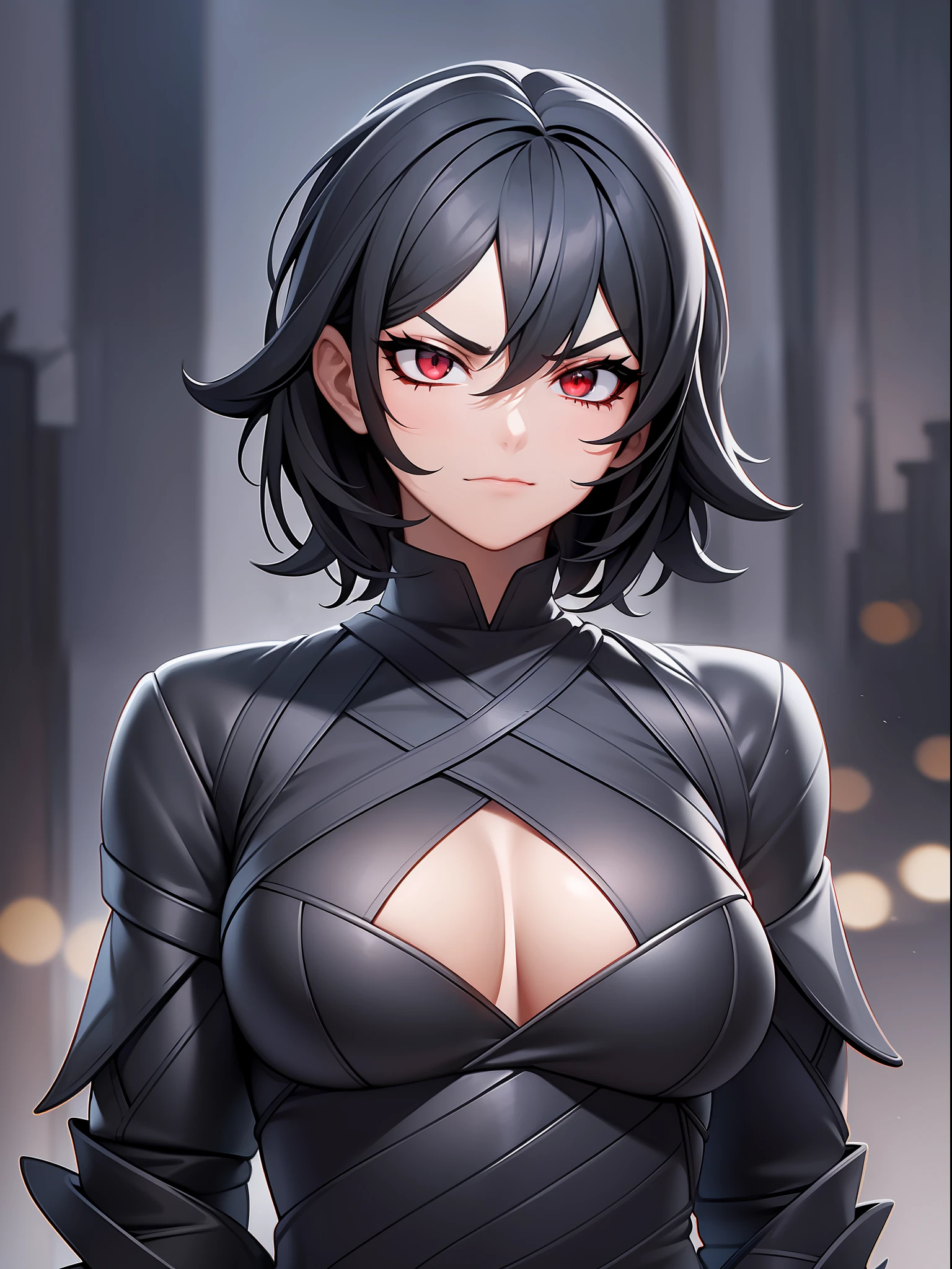 A woman with short black hair, with a modern and bold cut, wearing a black outfit that highlights her striking presence. His eyes, intensely red, convey a feeling of fury and restrained rage. She has strong arms, demonstrating her physical strength and determination. Under his eyes, deep dark circles accentuate his tired and defiant expression. The setting is a nocturnal cityscape, where the shadows further underscore the aura of mystery and anger that surrounds the woman.