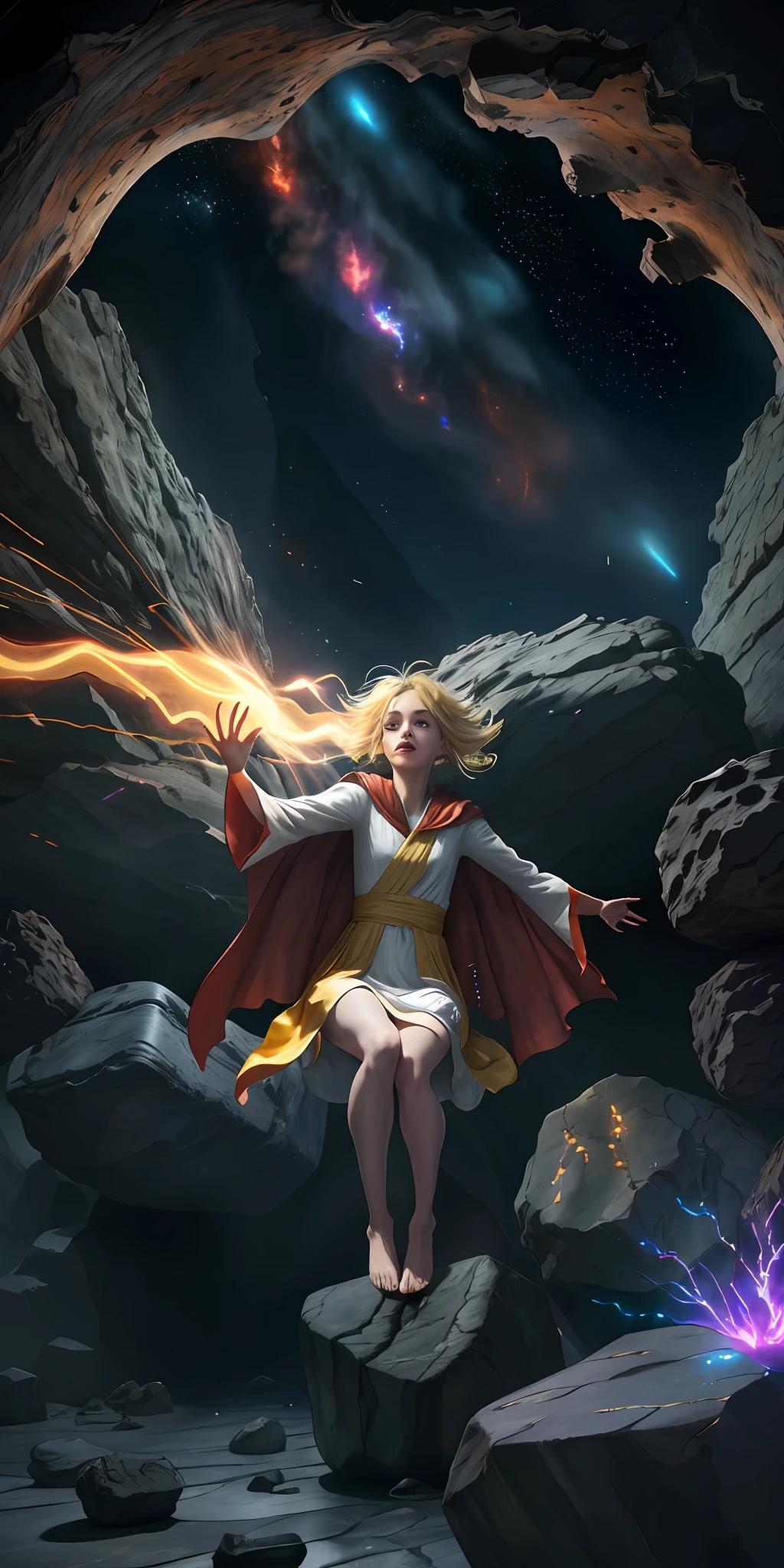 female barefoot summoner levitating with blonde hair robes and cape arms lifted up over a broken earth bright lava light from below asteroid field (jagged rocks boulders and debris shooting into the air:1.3) (windy dust debris storm:1.1) volumetric fog mist ray tracing z pass bright light from below, (masterpiece) (best quality) (detailed) (8k) (cinematic lighting) (sharp focus) (intricate)