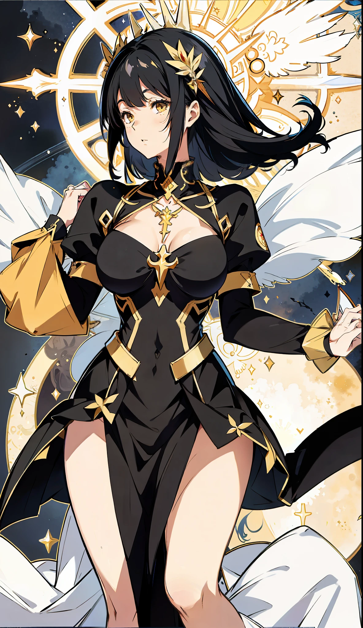 absurd res, high res, (masterpiece:1.4), ultra-detailed, 1girl, from front, space, black stockings, medium hair, yellow eyes, hands out of frame, Hourglass figure, hourglass body, highest quality, absurd quality, 8k, perfect body, perfect contrast, beautiful face, yellow eyes, unrevealing skin, 1girl, kneeling, facing viewer, holy maiden, sister, holy girl, praying, from front, sfw, unrevealing clothes, covered skin, black hair, sister, church,