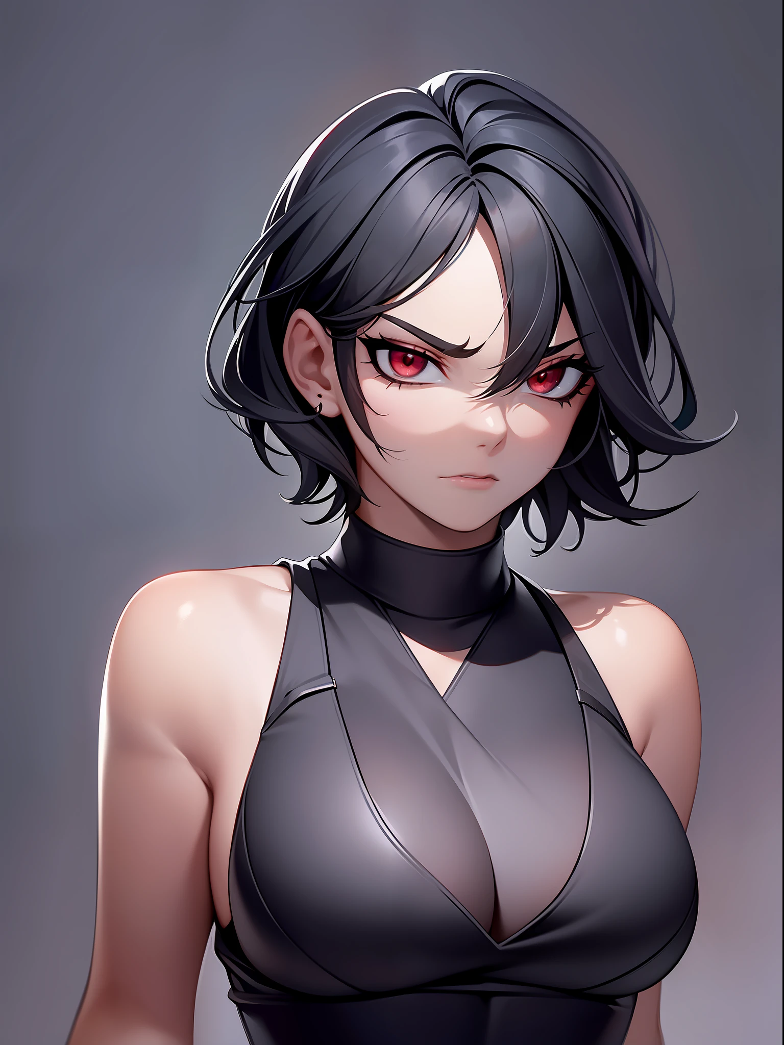 A woman with short black hair, with a modern and bold cut, wearing a black outfit that highlights her striking presence. His eyes, intensely red, convey a feeling of fury and restrained rage. She has strong arms, demonstrating her physical strength and determination. Under his eyes, deep dark circles accentuate his tired and defiant expression. The setting is a nocturnal cityscape, where the shadows further underscore the aura of mystery and anger that surrounds the woman.