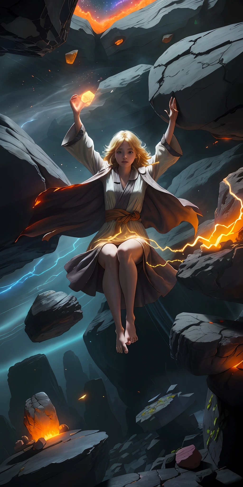 female barefoot summoner levitating with blonde hair robes and cape arms lifted up over a broken earth bright lava light from below asteroid field (jagged rocks boulders and debris shooting into the air:1.3) (windy dust debris storm:1.1) volumetric fog mist ray tracing z pass bright light from below, (masterpiece) (best quality) (detailed) (8k) (cinematic lighting) (sharp focus) (intricate)
