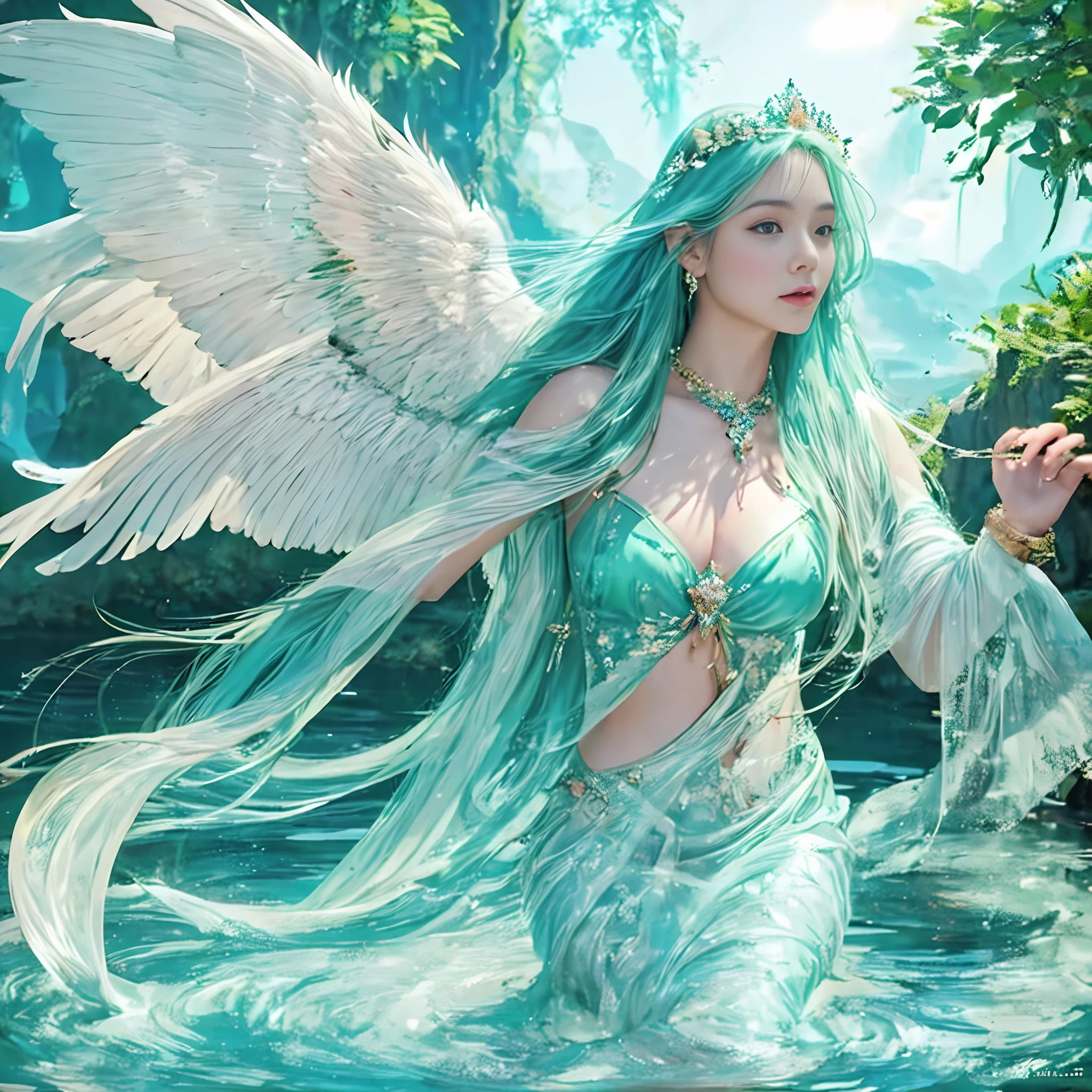 realistic hair, (details are super exquisite realistic wings:1.4),(Digital art:1.4), Fantasy creatures, non-human, fantasy realistic style, film shooting, (Octane rendering:1.4), professional photography, realism, realistic animal image, octane rendering, rich details, Natural light lighting, clear and exquisite face details, very euraic atmosphere,Atmosphere, elegant, Epic-level picture,
Mana’lon is a water spirit in Welsh mythology. She is beautiful, of medium height, and has a graceful body with skin like white jade, slightly tinted with a light green color. She has long golden hair that is soft and silky, flowing with the wind. Her eyes are a shining emerald green, exuding a strong water-like glow. Her lips are pink, slightly upturned, revealing her confidence and joy.
Mana’lon is adorned with green seaweed and coral all over her body, creating a harmonious and beautiful image. Her water silk clothing is a light green color, soft and flowing, like a fresh spring water flowing around her.
Her fingers are slender and delicate, with transparent light blue nails. She wears a stunning crystal bracelet on her wrist, shining brightly and dazzlingly.
Mana’lon controls the power of water. The decorations and water silk on her body carry the aura of water, making her seem like a water embodiment. She has the ability to control the flow of water and its movement, creating a harmonious relationship with water.
In summary, Mana’lon is a mysterious and beautiful existence, and her appearance and aura are like that of water, making people feel harmonious and joyful. Her image holds an important position in Welsh culture, representing art and wisdom, as well as symbolizing good luck and happiness.